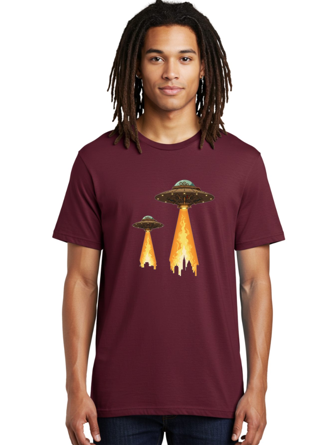 Ufos-Over-City-1 Men'S Graphic Tee, 100% Cotton, Comfortable Casual Summer Wear, Machine Washable, Ufos Hovering Over City, Flying Saucers, Alien Invasion, Extraterrestrial Life, Science Fiction, Futuristic, Cityscape, Mysterious Atmosphere, Bac539 21