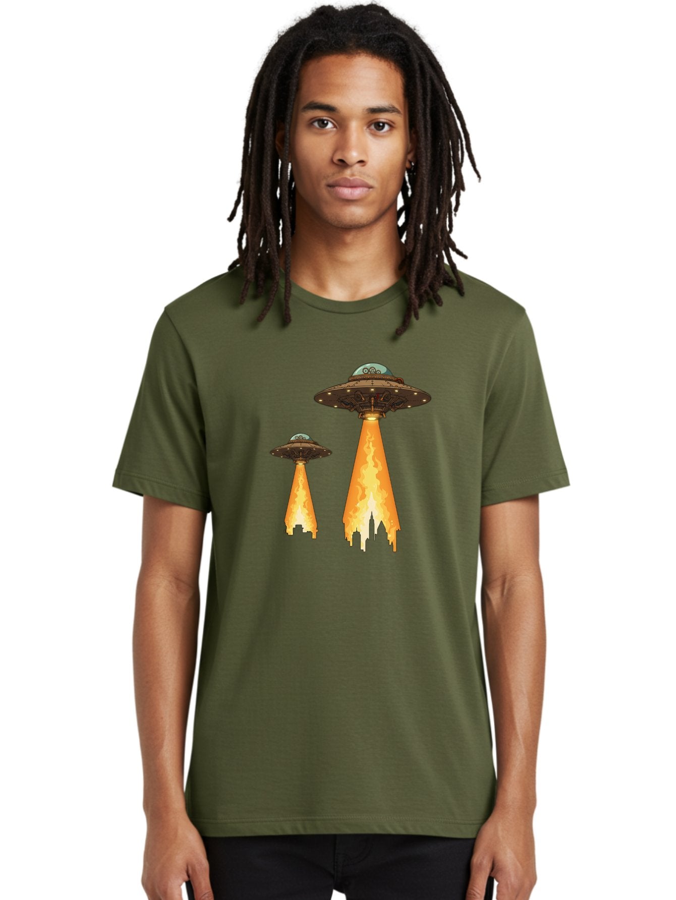 Ufos-Over-City-1 Men'S Graphic Tee, 100% Cotton, Comfortable Casual Summer Wear, Machine Washable, Ufos Hovering Over City, Flying Saucers, Alien Invasion, Extraterrestrial Life, Science Fiction, Futuristic, Cityscape, Mysterious Atmosphere, Bac539 23