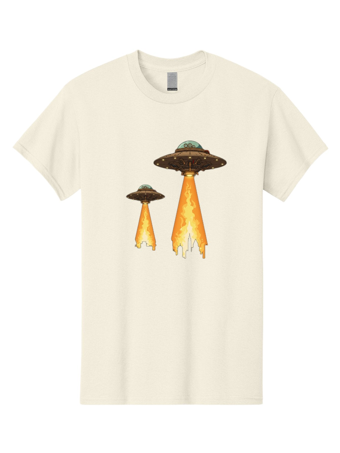Ufos-Over-City-1 Men'S Graphic Tee, 100% Cotton, Comfortable Casual Summer Wear, Machine Washable, Ufos Hovering Over City, Flying Saucers, Alien Invasion, Extraterrestrial Life, Science Fiction, Futuristic, Cityscape, Mysterious Atmosphere, Bac539