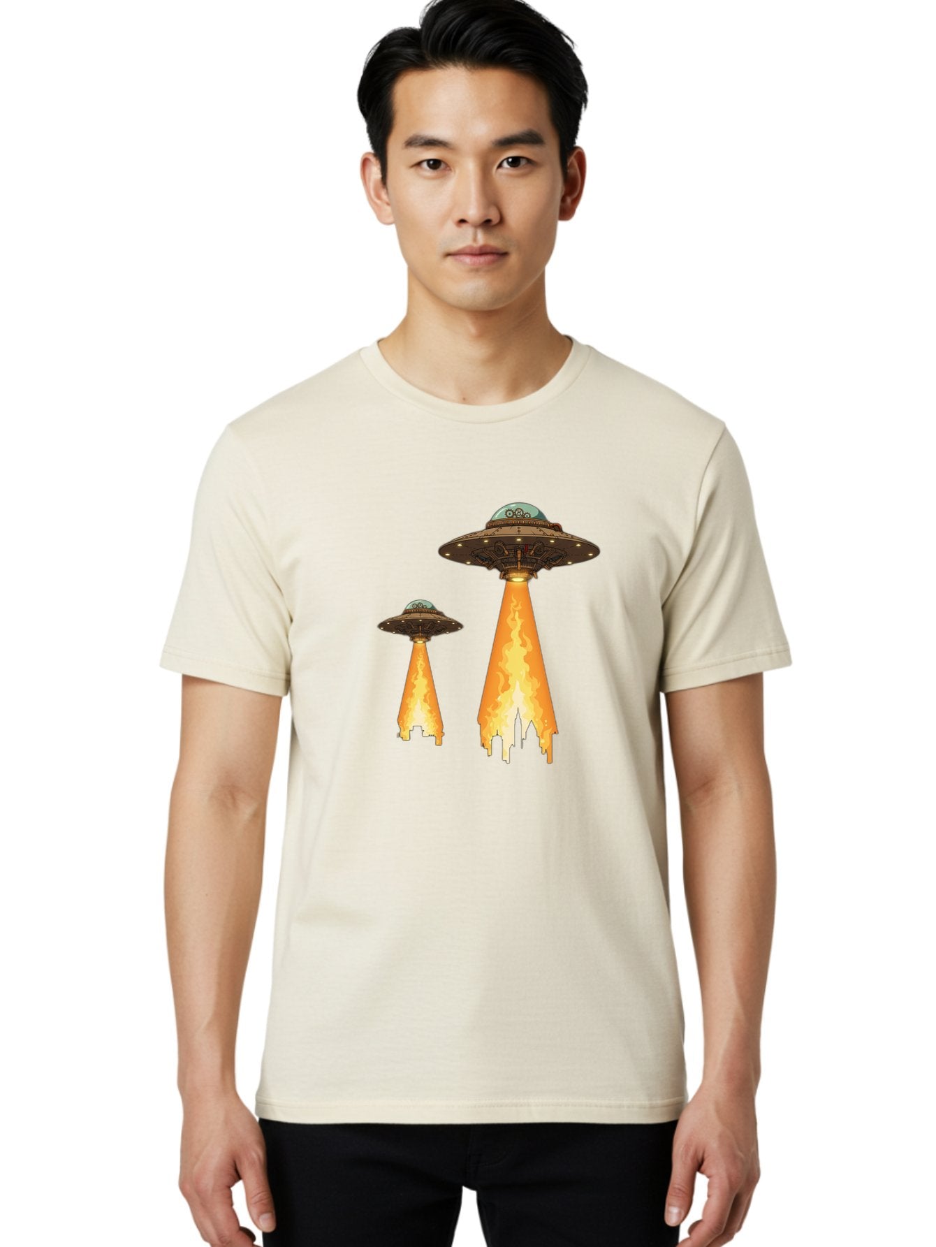 Ufos-Over-City-1 Men'S Graphic Tee, 100% Cotton, Comfortable Casual Summer Wear, Machine Washable, Ufos Hovering Over City, Flying Saucers, Alien Invasion, Extraterrestrial Life, Science Fiction, Futuristic, Cityscape, Mysterious Atmosphere, Bac539 21