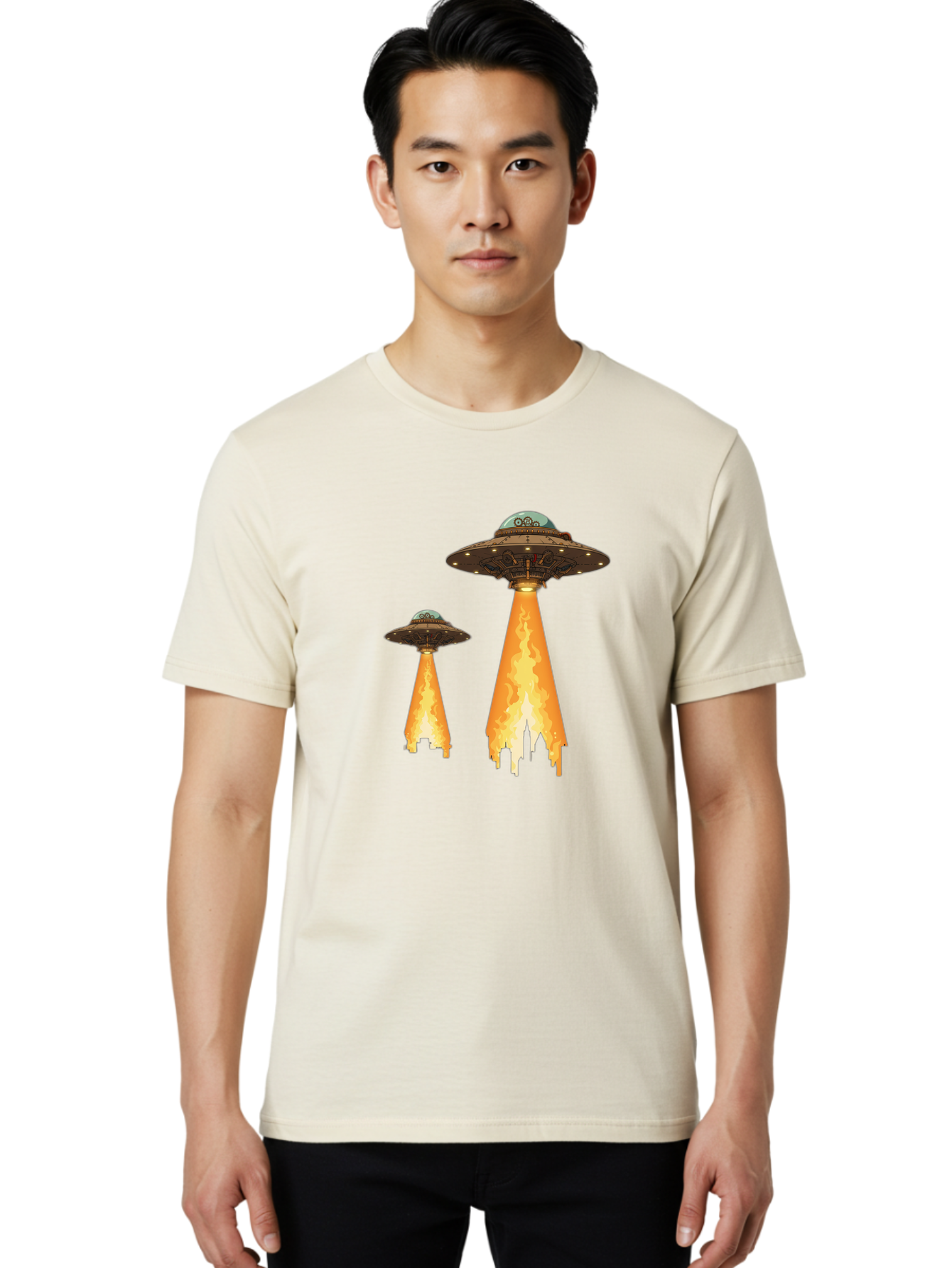 Ufos-Over-City-1 Men'S Graphic Tee, 100% Cotton, Comfortable Casual Summer Wear, Machine Washable, Ufos Hovering Over City, Flying Saucers, Alien Invasion, Extraterrestrial Life, Science Fiction, Futuristic, Cityscape, Mysterious Atmosphere, Bac539 25