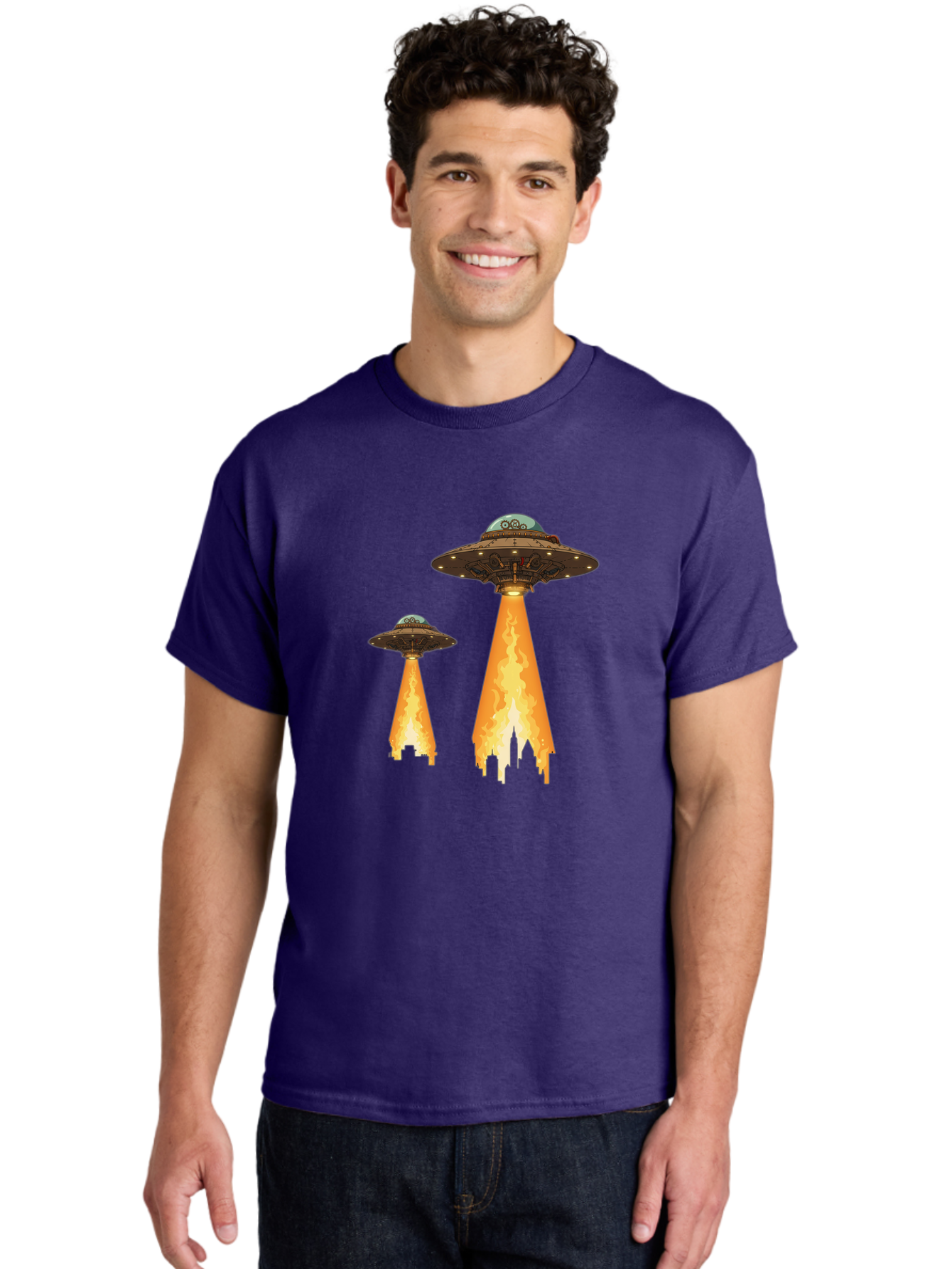 Ufos-Over-City-1 Men'S Graphic Tee, 100% Cotton, Comfortable Casual Summer Wear, Machine Washable, Ufos Hovering Over City, Flying Saucers, Alien Invasion, Extraterrestrial Life, Science Fiction, Futuristic, Cityscape, Mysterious Atmosphere, Bac539 28