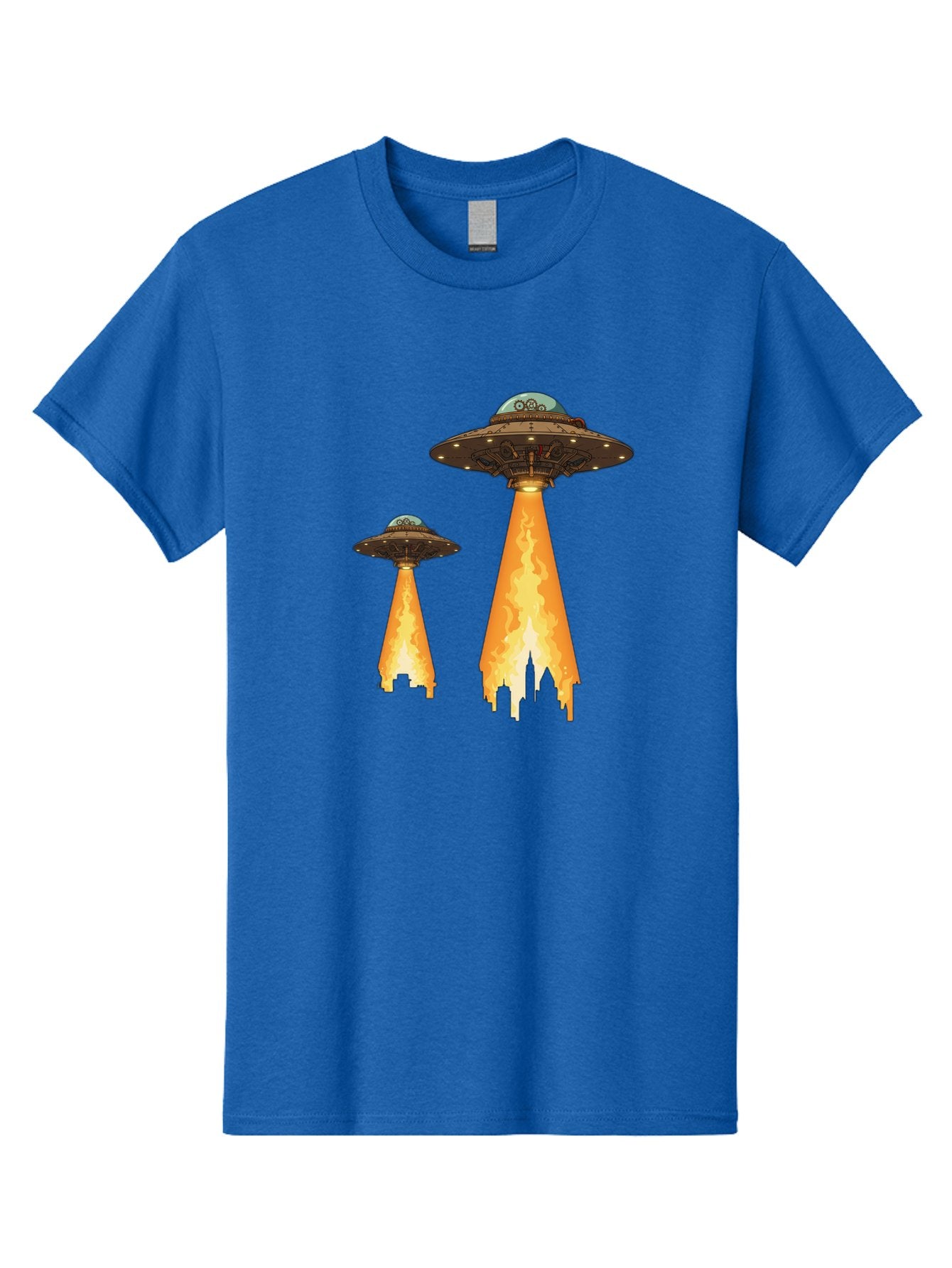 Ufos-Over-City-1 Men'S Graphic Tee, 100% Cotton, Comfortable Casual Summer Wear, Machine Washable, Ufos Hovering Over City, Flying Saucers, Alien Invasion, Extraterrestrial Life, Science Fiction, Futuristic, Cityscape, Mysterious Atmosphere, Bac539 3