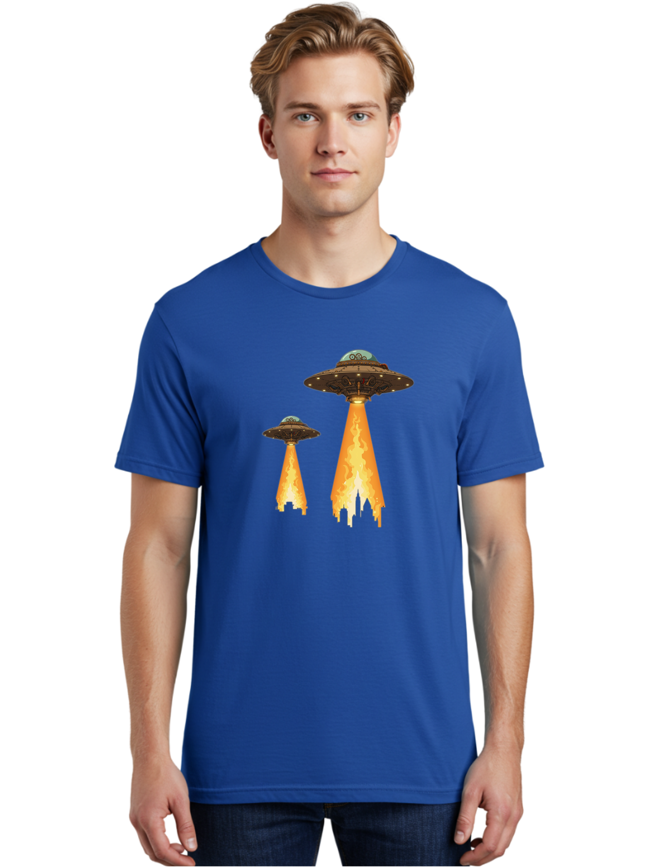 Ufos-Over-City-1 Men'S Graphic Tee, 100% Cotton, Comfortable Casual Summer Wear, Machine Washable, Ufos Hovering Over City, Flying Saucers, Alien Invasion, Extraterrestrial Life, Science Fiction, Futuristic, Cityscape, Mysterious Atmosphere, Bac539 24