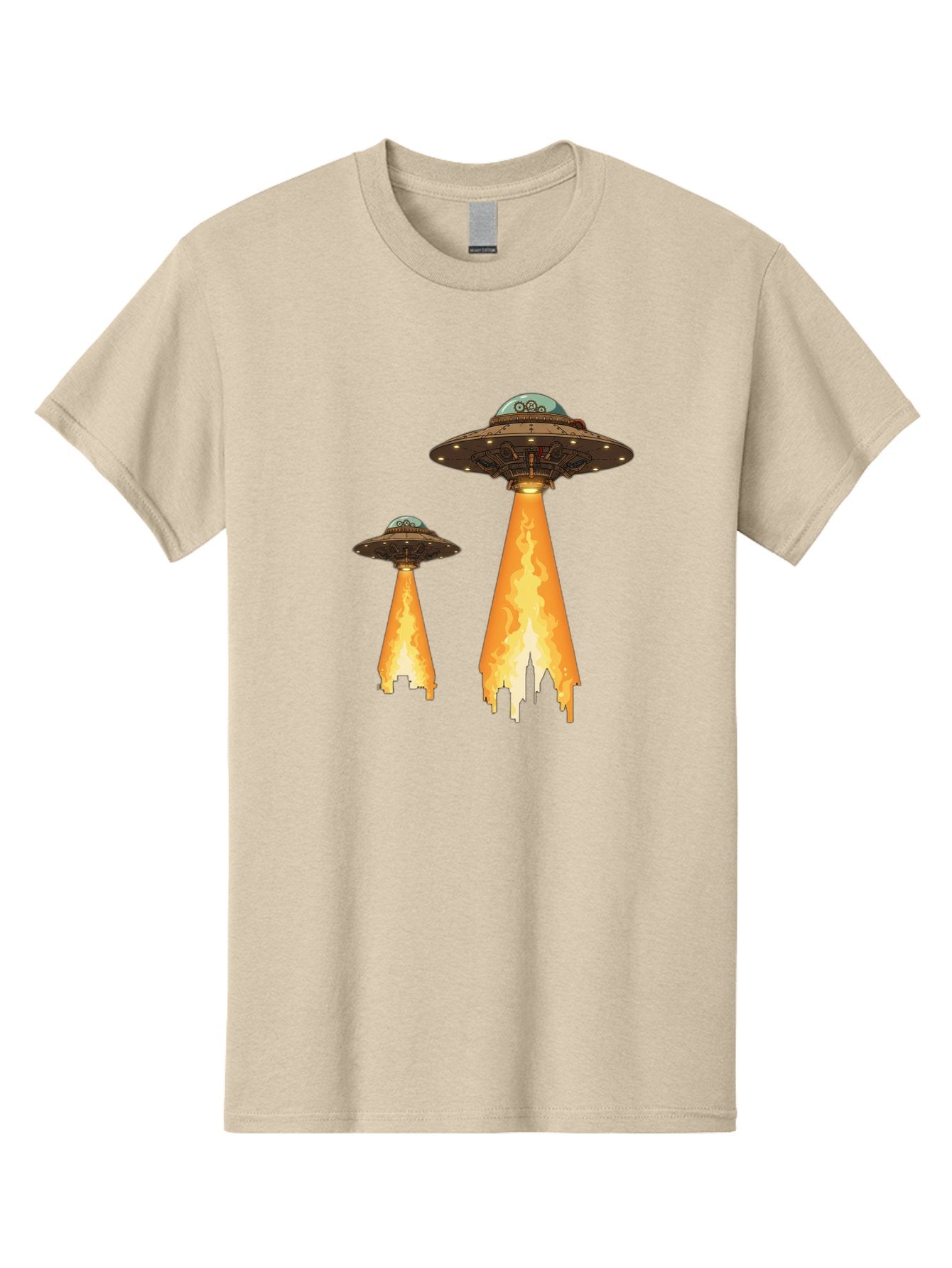 Ufos-Over-City-1 Men'S Graphic Tee, 100% Cotton, Comfortable Casual Summer Wear, Machine Washable, Ufos Hovering Over City, Flying Saucers, Alien Invasion, Extraterrestrial Life, Science Fiction, Futuristic, Cityscape, Mysterious Atmosphere, Bac539 10
