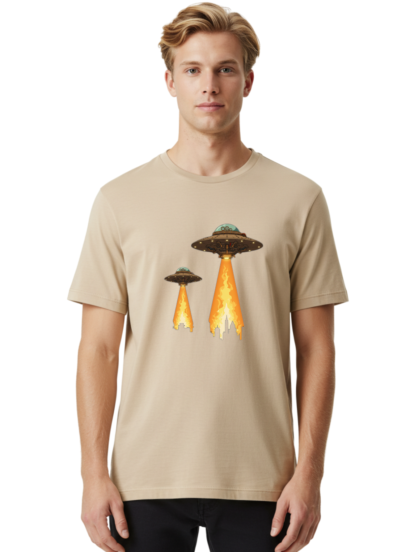Ufos-Over-City-1 Men'S Graphic Tee, 100% Cotton, Comfortable Casual Summer Wear, Machine Washable, Ufos Hovering Over City, Flying Saucers, Alien Invasion, Extraterrestrial Life, Science Fiction, Futuristic, Cityscape, Mysterious Atmosphere, Bac539 29