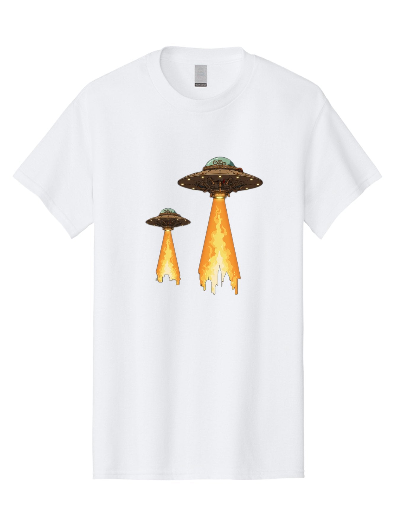 Ufos-Over-City-1 Men'S Graphic Tee, 100% Cotton, Comfortable Casual Summer Wear, Machine Washable, Ufos Hovering Over City, Flying Saucers, Alien Invasion, Extraterrestrial Life, Science Fiction, Futuristic, Cityscape, Mysterious Atmosphere, Bac539 11
