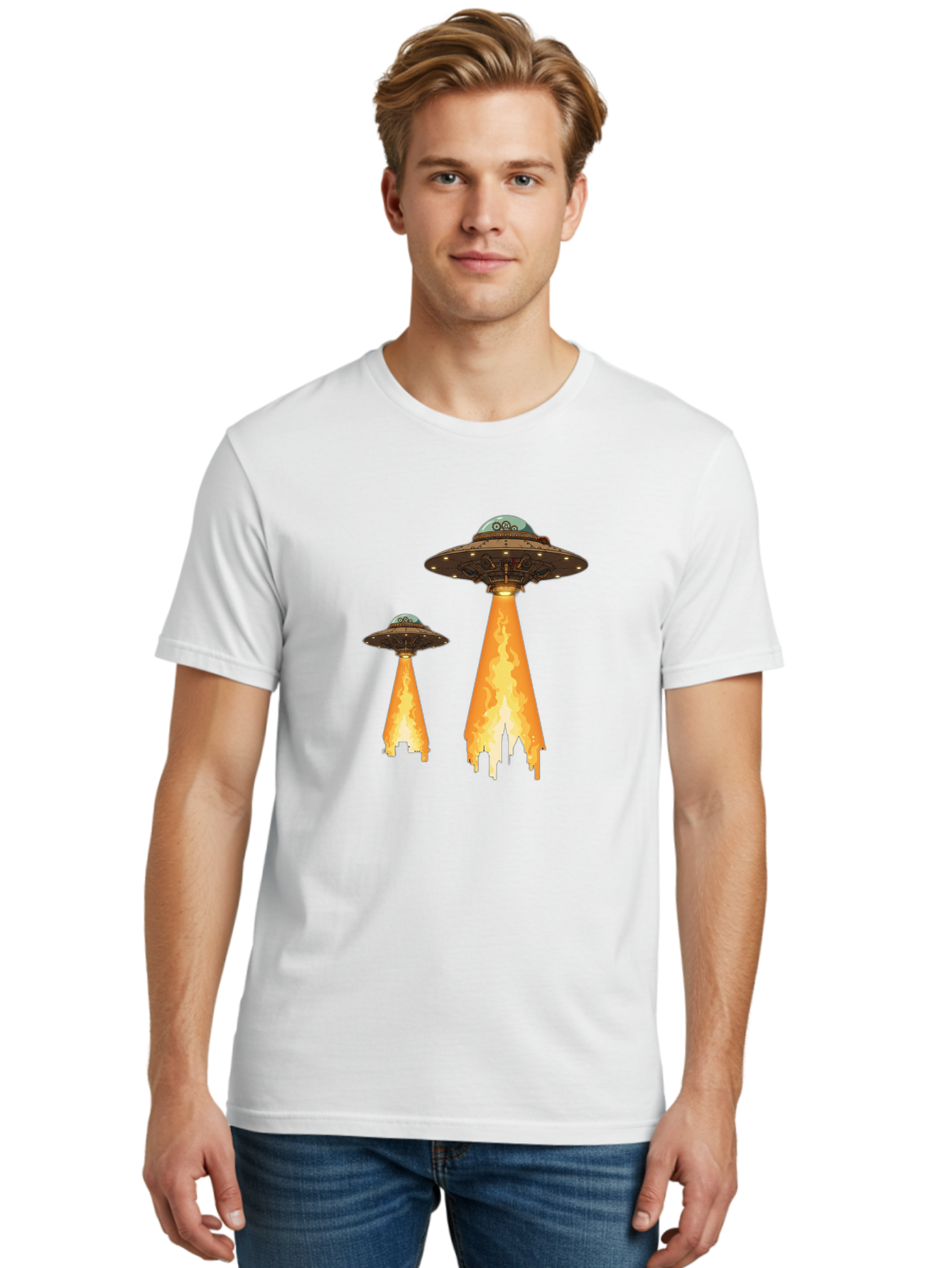 Ufos-Over-City-1 Men'S Graphic Tee, 100% Cotton, Comfortable Casual Summer Wear, Machine Washable, Ufos Hovering Over City, Flying Saucers, Alien Invasion, Extraterrestrial Life, Science Fiction, Futuristic, Cityscape, Mysterious Atmosphere, Bac539 19