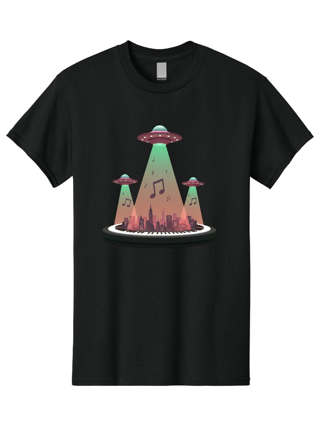 Ufos-Over-City-2 Men'S Graphic Tee, 100% Cotton, Comfortable Casual Summer Wear, Machine Washable, Ufos Hovering Over City, Music Notes, Piano Keyboard, Science Fiction, Futuristic Atmosphere, Extraterrestrial Life, Urban Landscape, Bac540 9