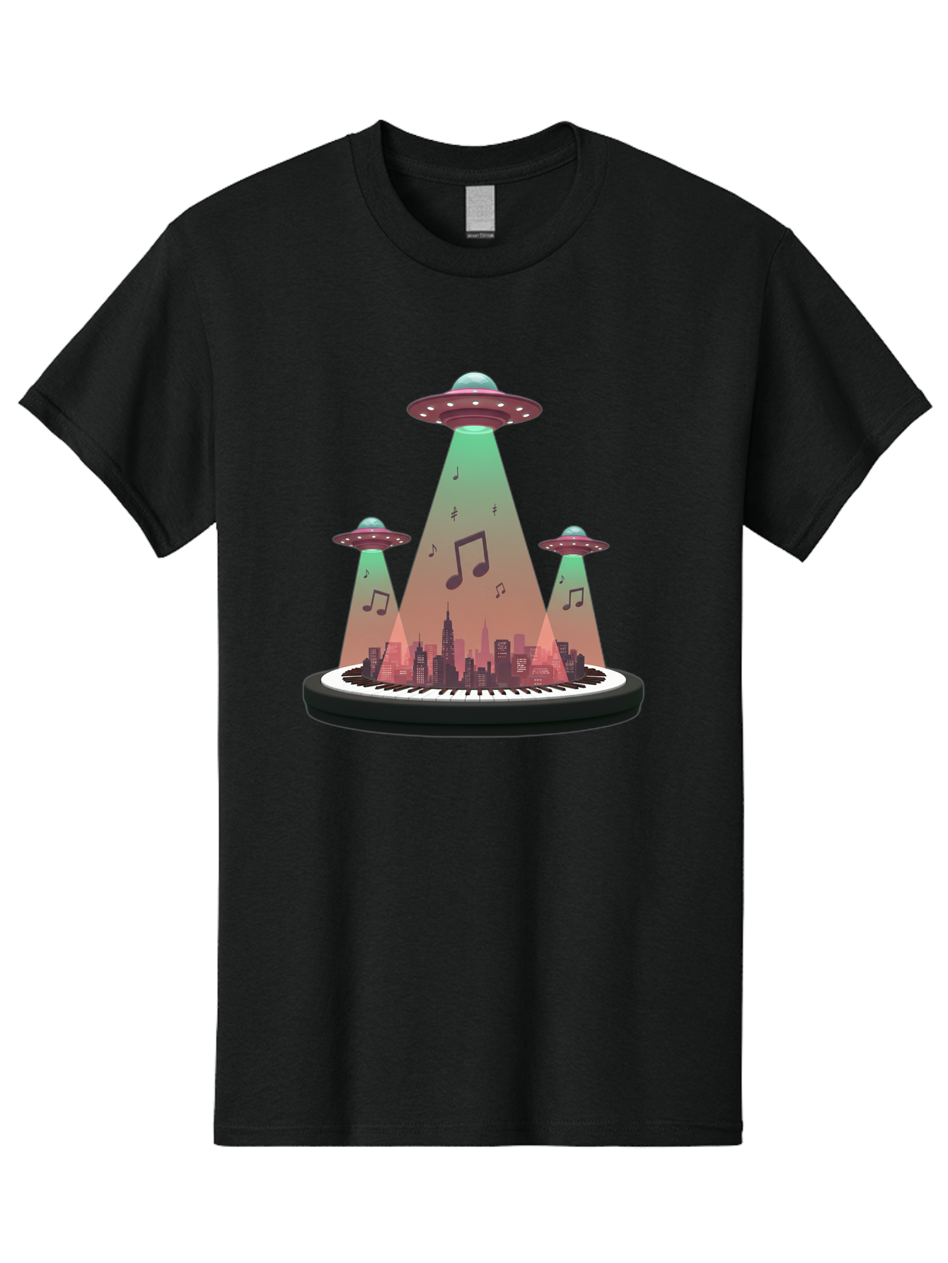 Ufos-Over-City-2 Men'S Graphic Tee, 100% Cotton, Comfortable Casual Summer Wear, Machine Washable, Ufos Hovering Over City, Music Notes, Piano Keyboard, Science Fiction, Futuristic Atmosphere, Extraterrestrial Life, Urban Landscape, Bac540 5