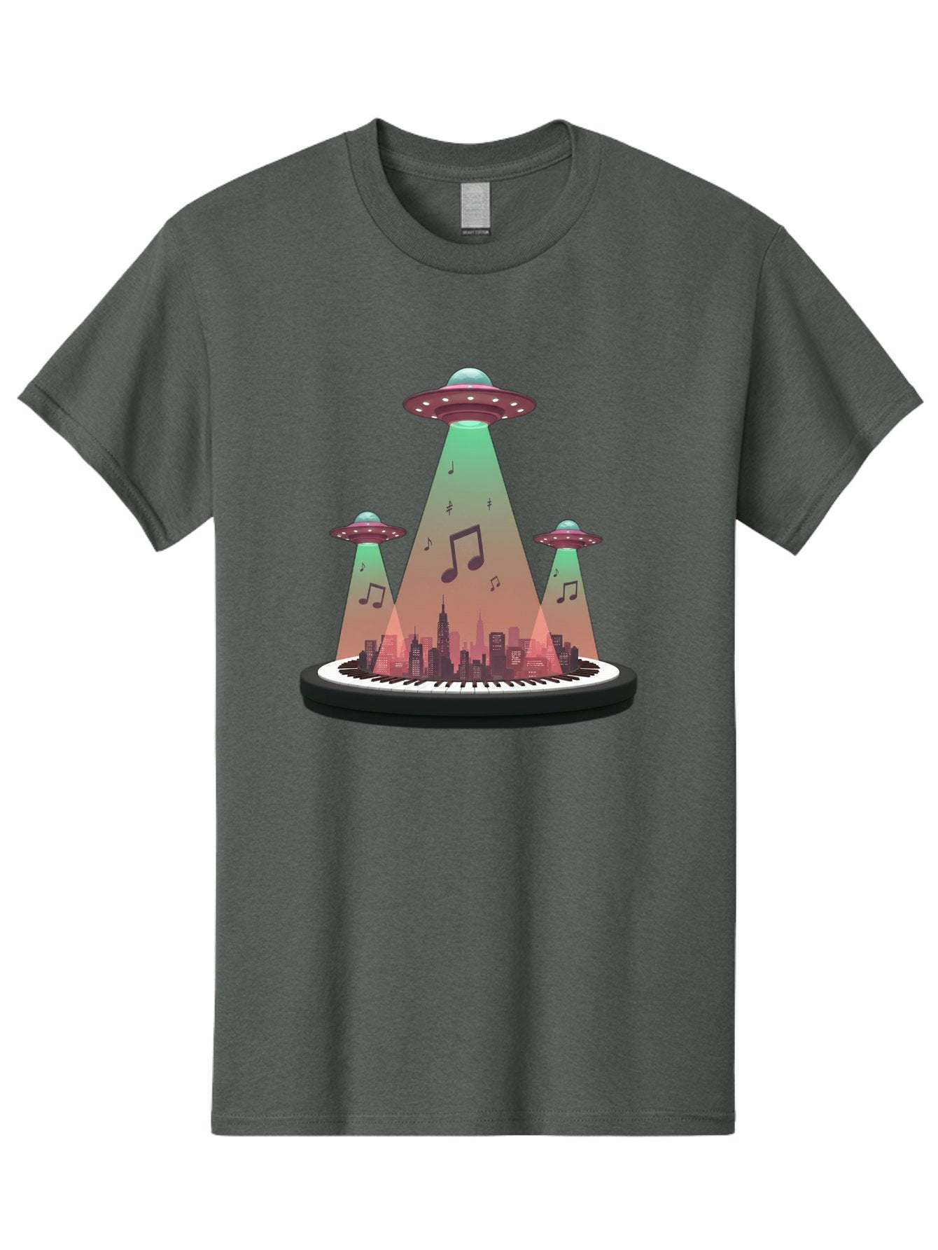 Ufos-Over-City-2 Men'S Graphic Tee, 100% Cotton, Comfortable Casual Summer Wear, Machine Washable, Ufos Hovering Over City, Music Notes, Piano Keyboard, Science Fiction, Futuristic Atmosphere, Extraterrestrial Life, Urban Landscape, Bac540 15