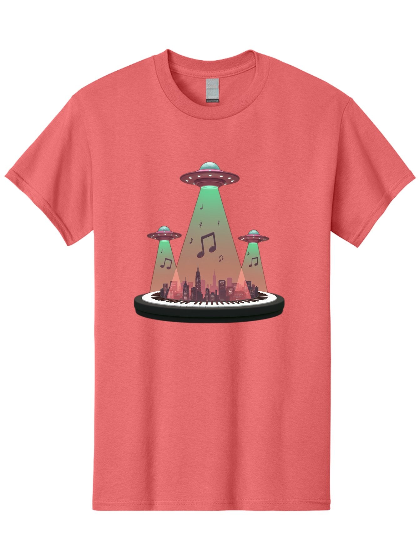 Ufos-Over-City-2 Men'S Graphic Tee, 100% Cotton, Comfortable Casual Summer Wear, Machine Washable, Ufos Hovering Over City, Music Notes, Piano Keyboard, Science Fiction, Futuristic Atmosphere, Extraterrestrial Life, Urban Landscape, Bac540 14