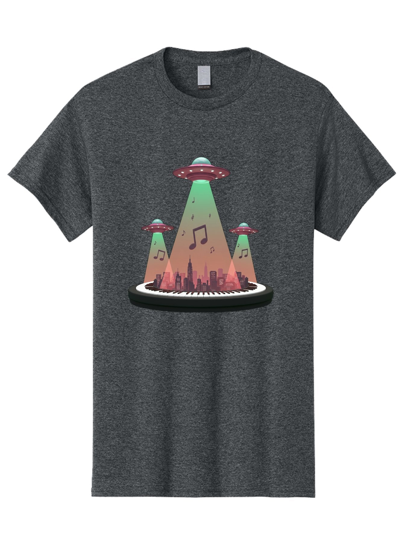 Ufos-Over-City-2 Men'S Graphic Tee, 100% Cotton, Comfortable Casual Summer Wear, Machine Washable, Ufos Hovering Over City, Music Notes, Piano Keyboard, Science Fiction, Futuristic Atmosphere, Extraterrestrial Life, Urban Landscape, Bac540 4