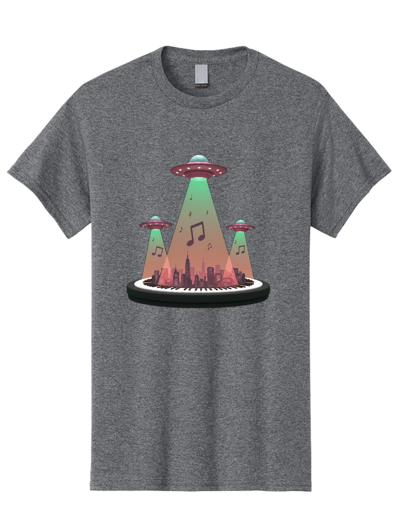 Ufos-Over-City-2 Men'S Graphic Tee, 100% Cotton, Comfortable Casual Summer Wear, Machine Washable, Ufos Hovering Over City, Music Notes, Piano Keyboard, Science Fiction, Futuristic Atmosphere, Extraterrestrial Life, Urban Landscape, Bac540