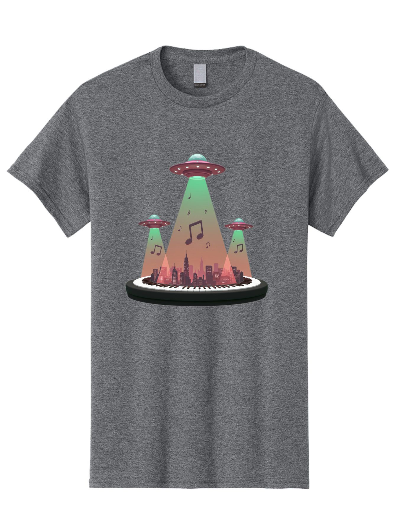 Ufos-Over-City-2 Men'S Graphic Tee, 100% Cotton, Comfortable Casual Summer Wear, Machine Washable, Ufos Hovering Over City, Music Notes, Piano Keyboard, Science Fiction, Futuristic Atmosphere, Extraterrestrial Life, Urban Landscape, Bac540 10