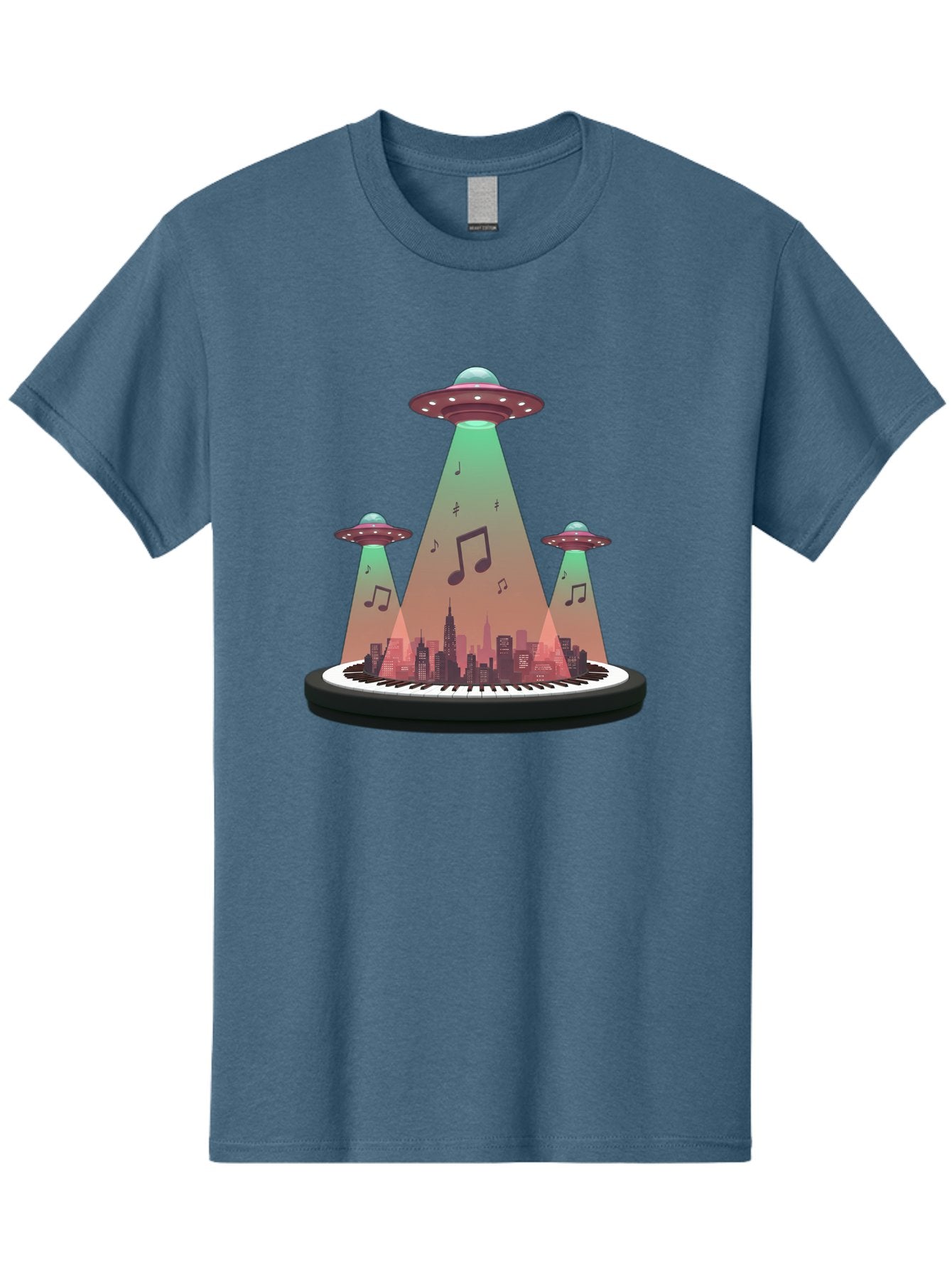 Ufos-Over-City-2 Men'S Graphic Tee, 100% Cotton, Comfortable Casual Summer Wear, Machine Washable, Ufos Hovering Over City, Music Notes, Piano Keyboard, Science Fiction, Futuristic Atmosphere, Extraterrestrial Life, Urban Landscape, Bac540 7