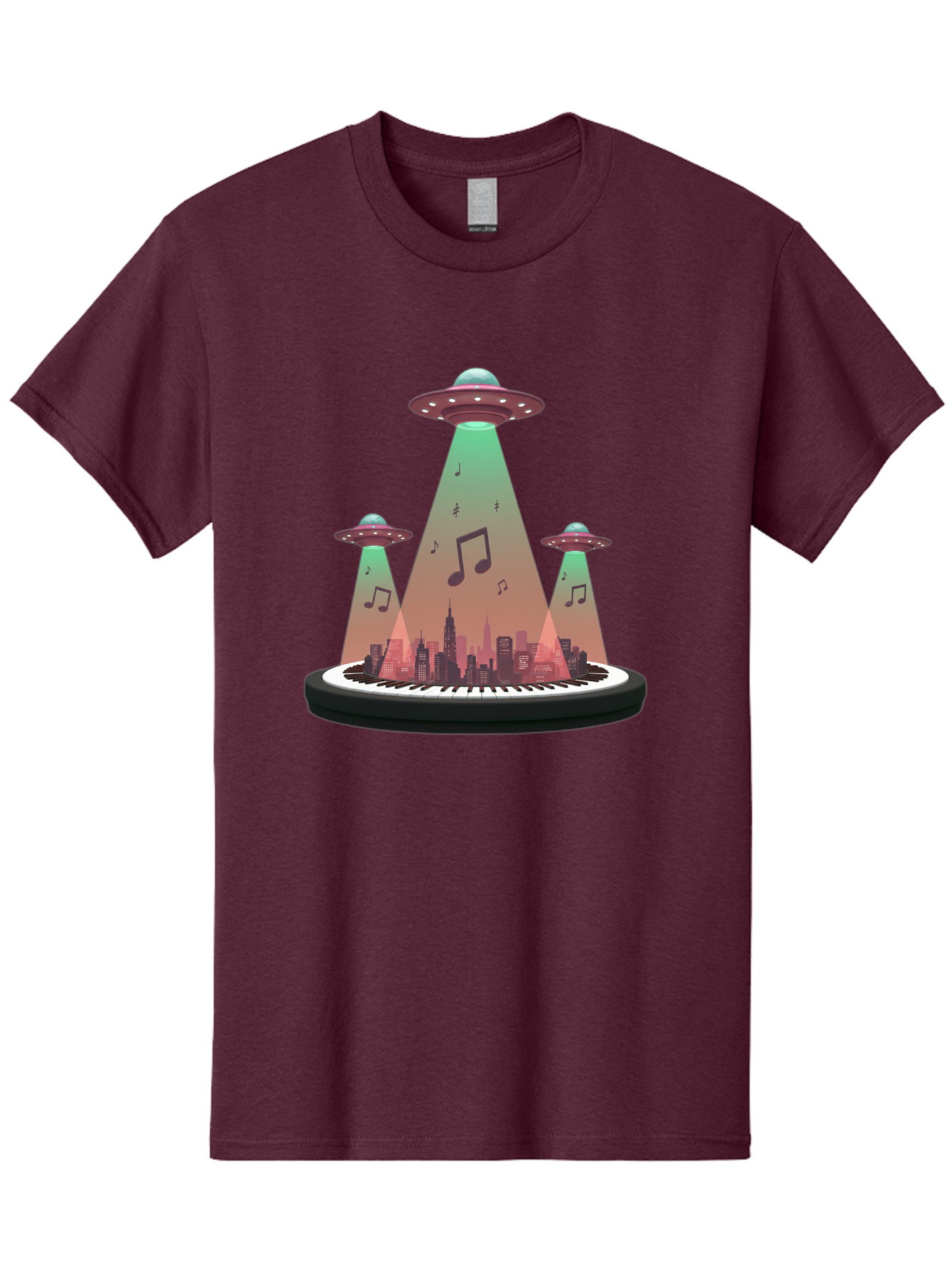 Ufos-Over-City-2 Men'S Graphic Tee, 100% Cotton, Comfortable Casual Summer Wear, Machine Washable, Ufos Hovering Over City, Music Notes, Piano Keyboard, Science Fiction, Futuristic Atmosphere, Extraterrestrial Life, Urban Landscape, Bac540 11