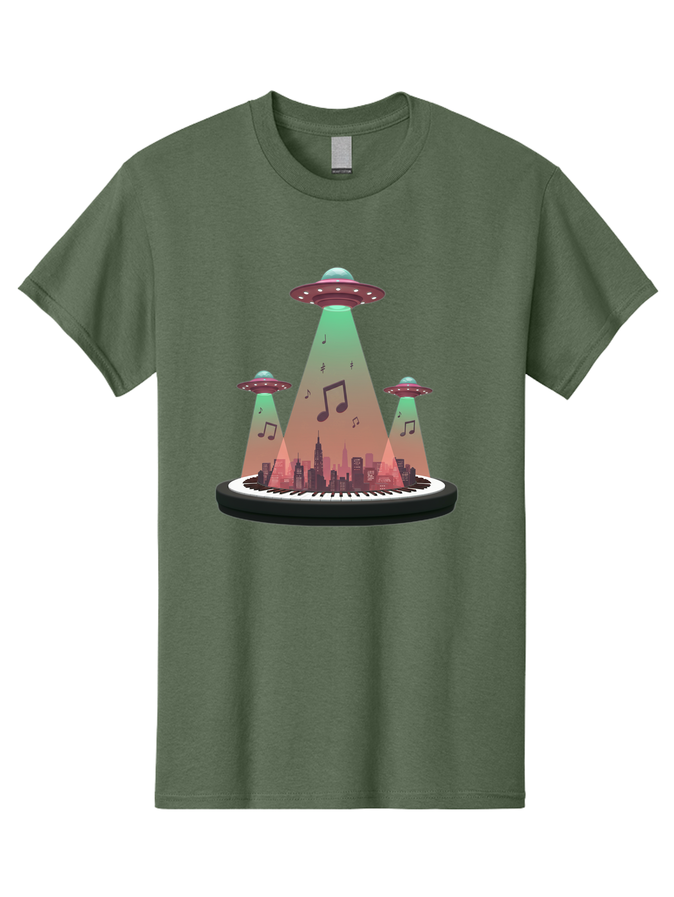 Ufos-Over-City-2 Men'S Graphic Tee, 100% Cotton, Comfortable Casual Summer Wear, Machine Washable, Ufos Hovering Over City, Music Notes, Piano Keyboard, Science Fiction, Futuristic Atmosphere, Extraterrestrial Life, Urban Landscape, Bac540 15