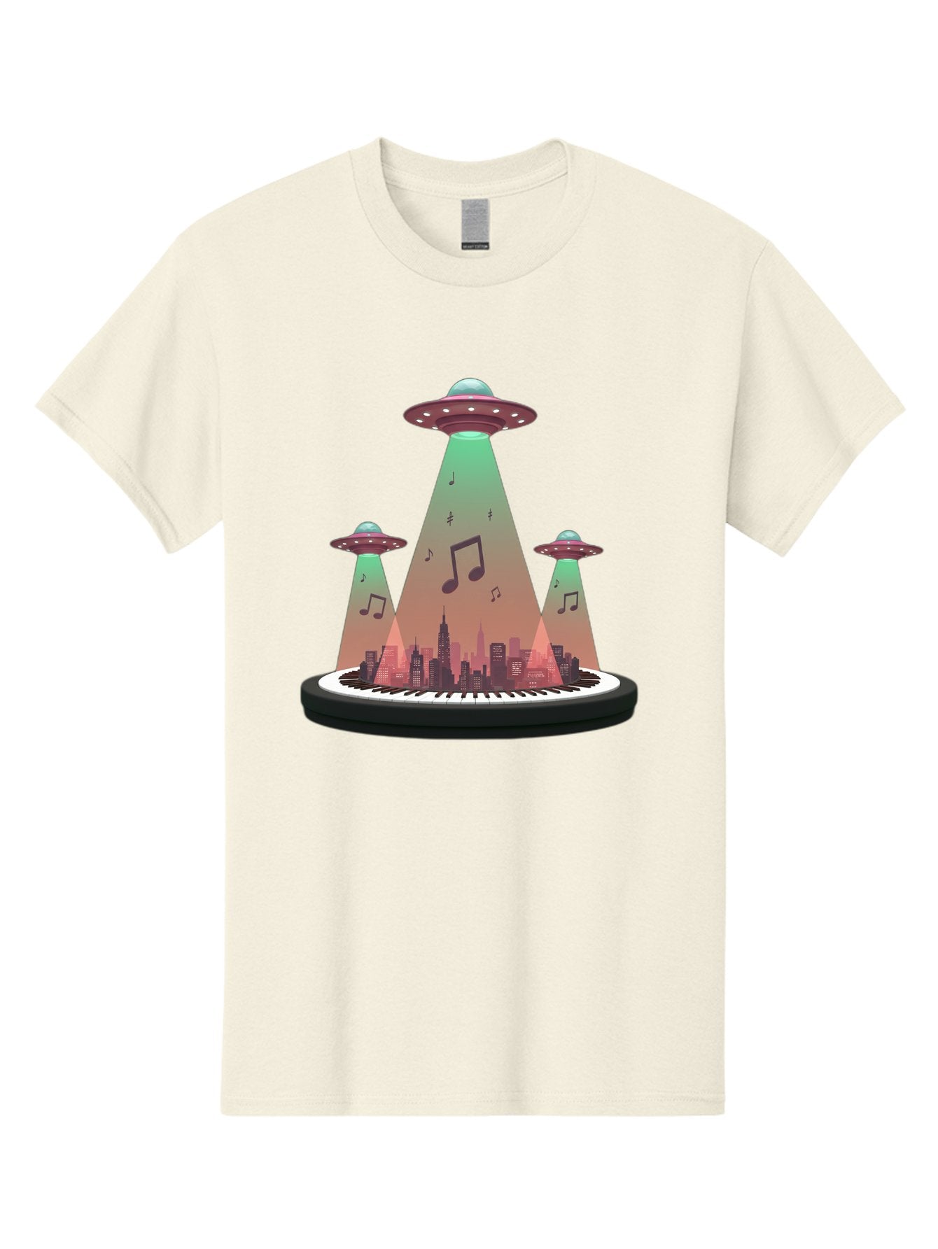 Ufos-Over-City-2 Men'S Graphic Tee, 100% Cotton, Comfortable Casual Summer Wear, Machine Washable, Ufos Hovering Over City, Music Notes, Piano Keyboard, Science Fiction, Futuristic Atmosphere, Extraterrestrial Life, Urban Landscape, Bac540 10