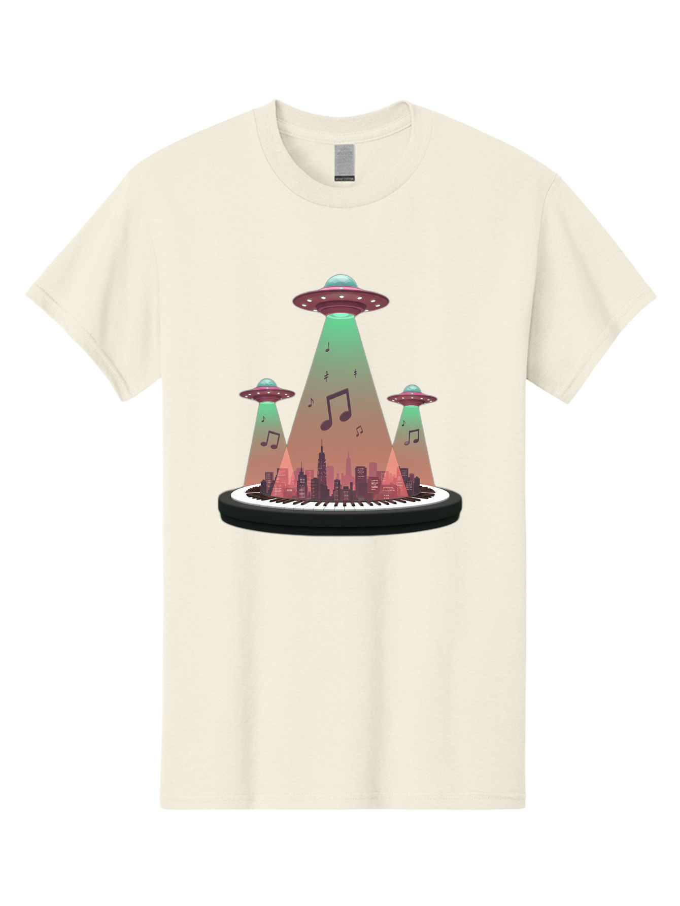 Ufos-Over-City-2 Men'S Graphic Tee, 100% Cotton, Comfortable Casual Summer Wear, Machine Washable, Ufos Hovering Over City, Music Notes, Piano Keyboard, Science Fiction, Futuristic Atmosphere, Extraterrestrial Life, Urban Landscape, Bac540 14