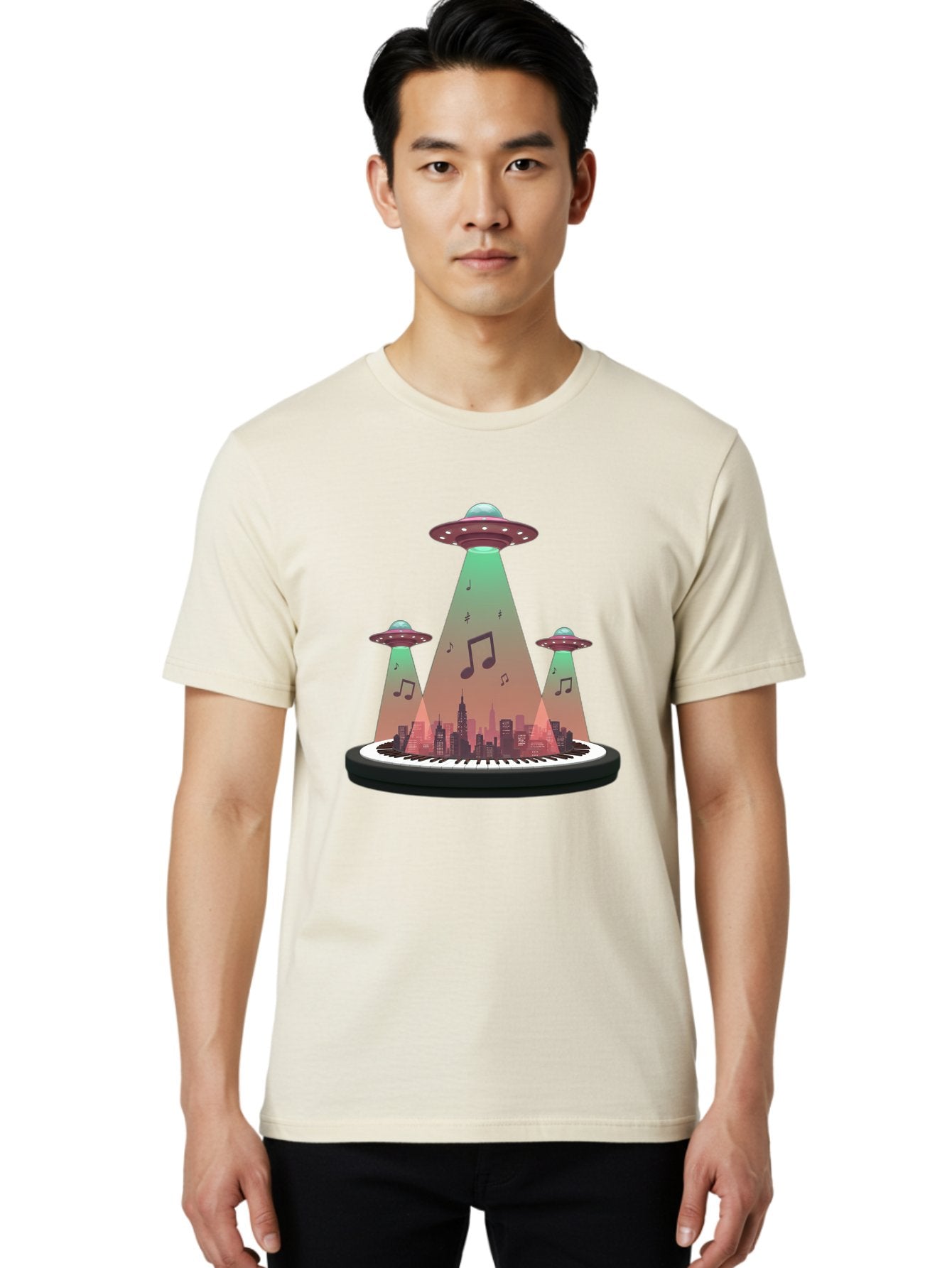 Ufos-Over-City-2 Men'S Graphic Tee, 100% Cotton, Comfortable Casual Summer Wear, Machine Washable, Ufos Hovering Over City, Music Notes, Piano Keyboard, Science Fiction, Futuristic Atmosphere, Extraterrestrial Life, Urban Landscape, Bac540 17