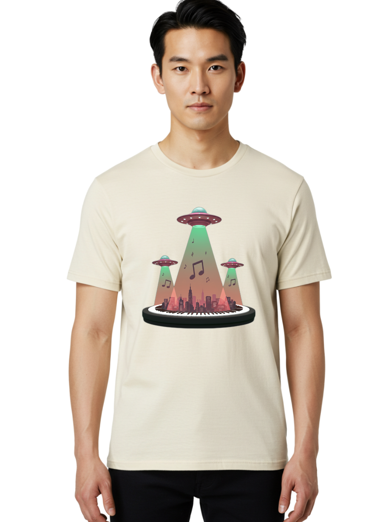 Ufos-Over-City-2 Men'S Graphic Tee, 100% Cotton, Comfortable Casual Summer Wear, Machine Washable, Ufos Hovering Over City, Music Notes, Piano Keyboard, Science Fiction, Futuristic Atmosphere, Extraterrestrial Life, Urban Landscape, Bac540 29