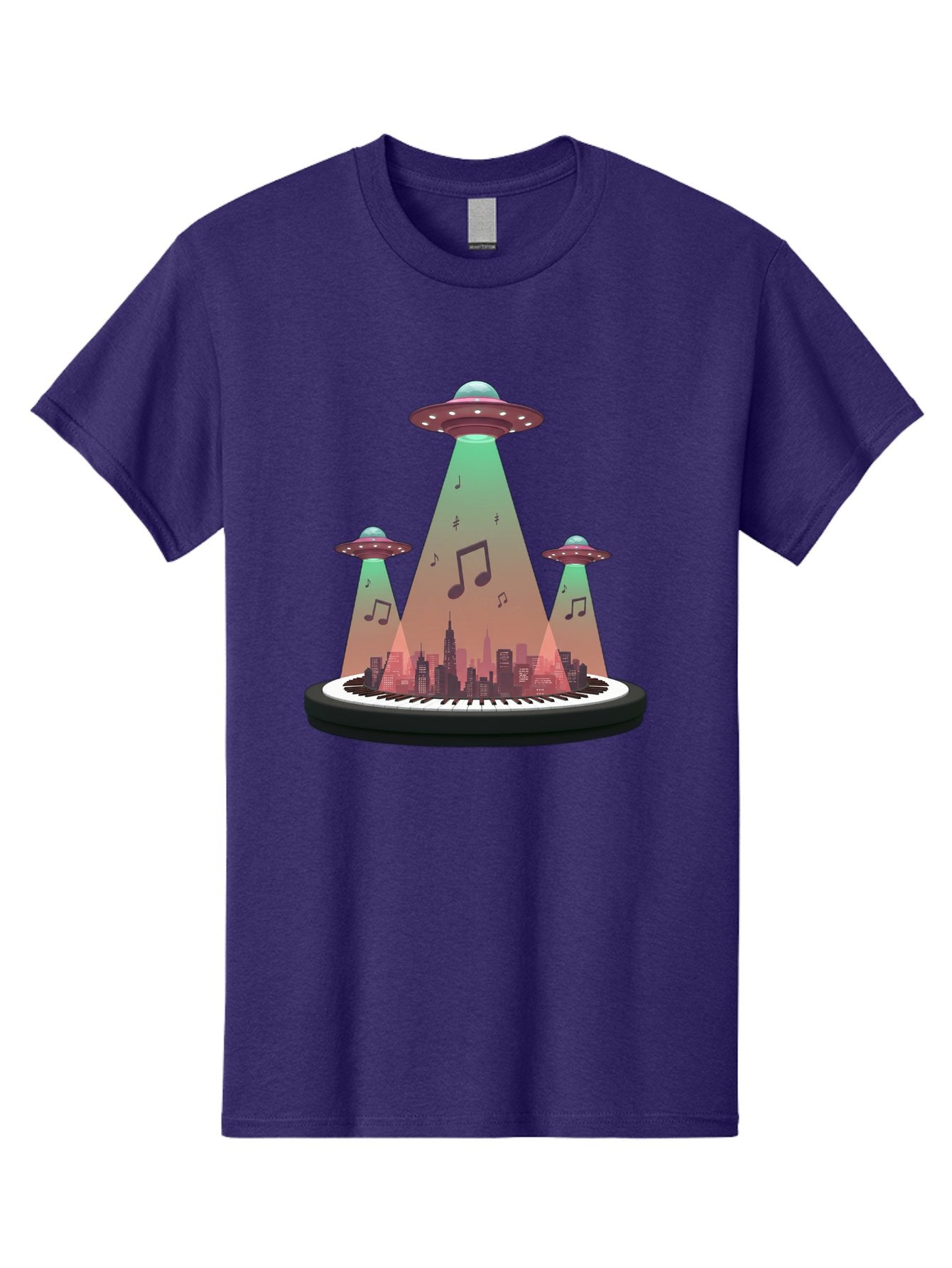 Ufos-Over-City-2 Men'S Graphic Tee, 100% Cotton, Comfortable Casual Summer Wear, Machine Washable, Ufos Hovering Over City, Music Notes, Piano Keyboard, Science Fiction, Futuristic Atmosphere, Extraterrestrial Life, Urban Landscape, Bac540 6