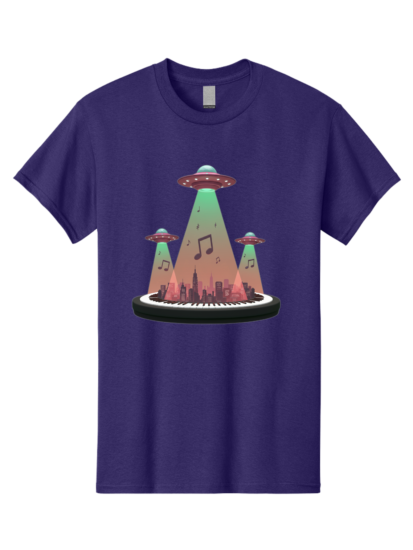 Ufos-Over-City-2 Men'S Graphic Tee, 100% Cotton, Comfortable Casual Summer Wear, Machine Washable, Ufos Hovering Over City, Music Notes, Piano Keyboard, Science Fiction, Futuristic Atmosphere, Extraterrestrial Life, Urban Landscape, Bac540 7