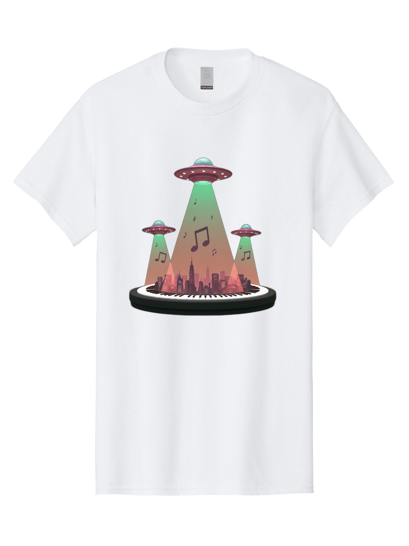 Ufos-Over-City-2 Men'S Graphic Tee, 100% Cotton, Comfortable Casual Summer Wear, Machine Washable, Ufos Hovering Over City, Music Notes, Piano Keyboard, Science Fiction, Futuristic Atmosphere, Extraterrestrial Life, Urban Landscape, Bac540 11