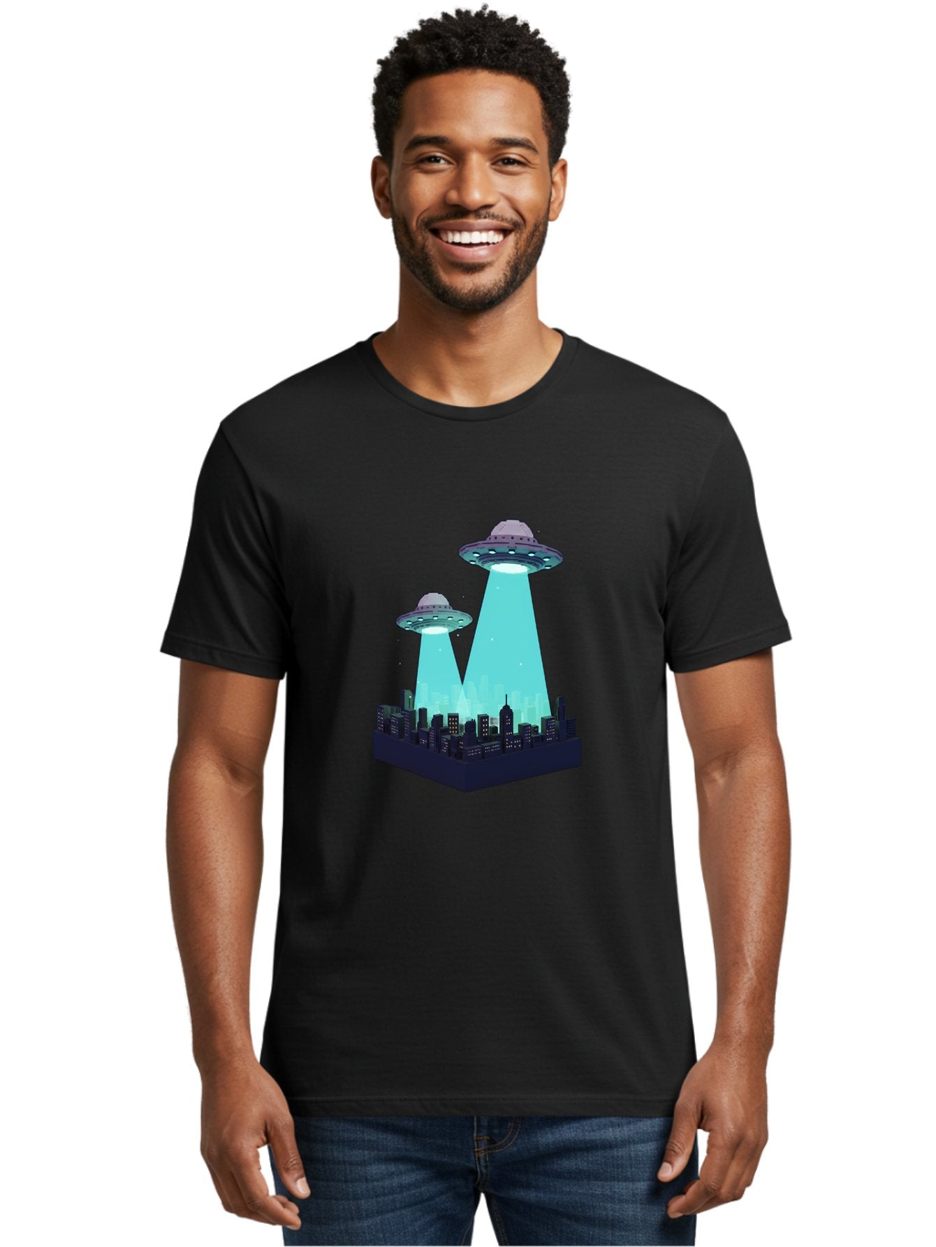 Ufos-Over-City Men'S Graphic Tee, 100% Cotton, Comfortable Casual Summer Wear, Machine Washable, Ufos Over City, Alien Invasion, Science Fiction, Futuristic, Cityscape, Mysterious Lights, Extraterrestrial Activity, Urban Landscape, Bac541 16