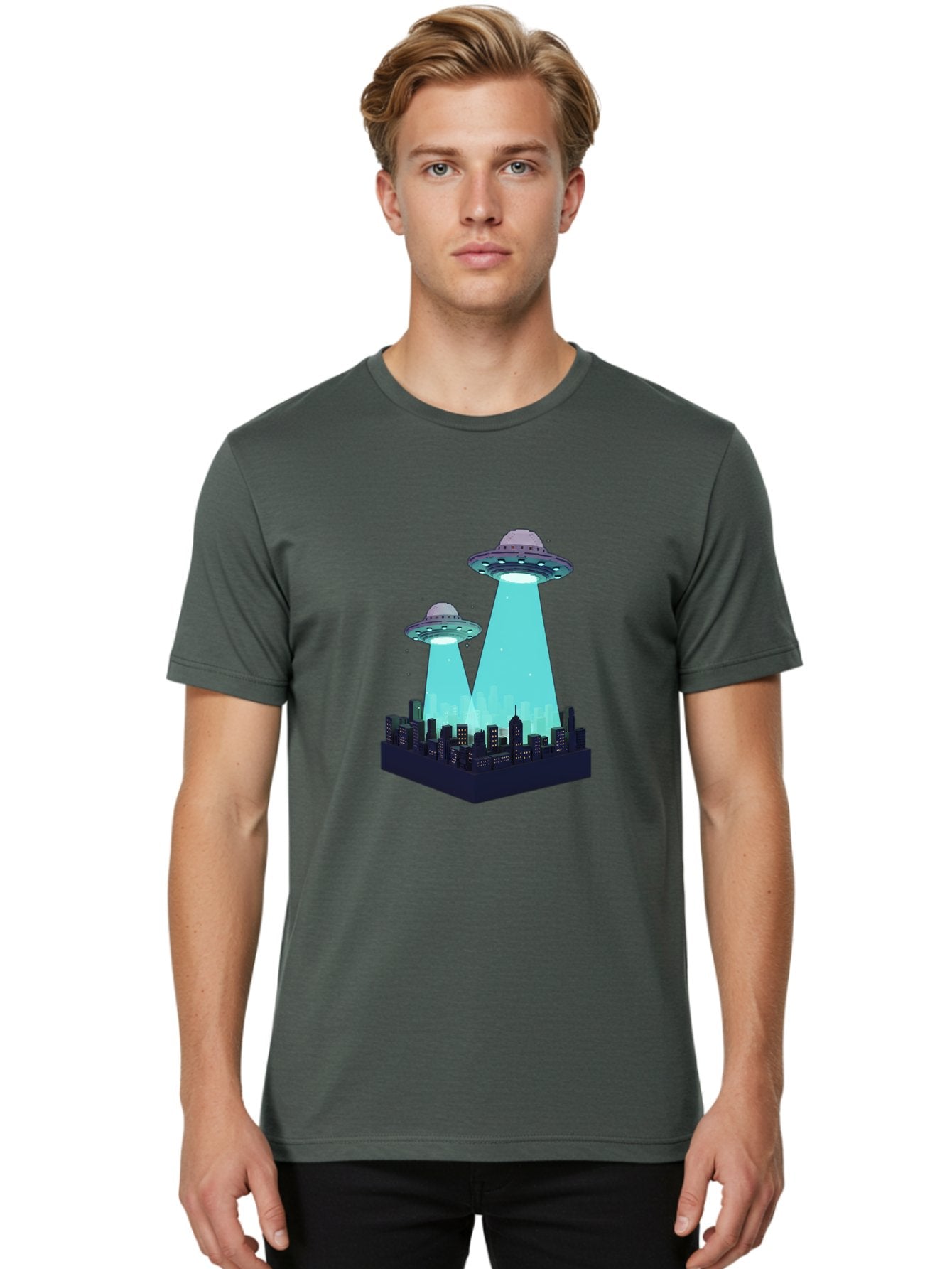 Ufos-Over-City Men'S Graphic Tee, 100% Cotton, Comfortable Casual Summer Wear, Machine Washable, Ufos Over City, Alien Invasion, Science Fiction, Futuristic, Cityscape, Mysterious Lights, Extraterrestrial Activity, Urban Landscape, Bac541 17