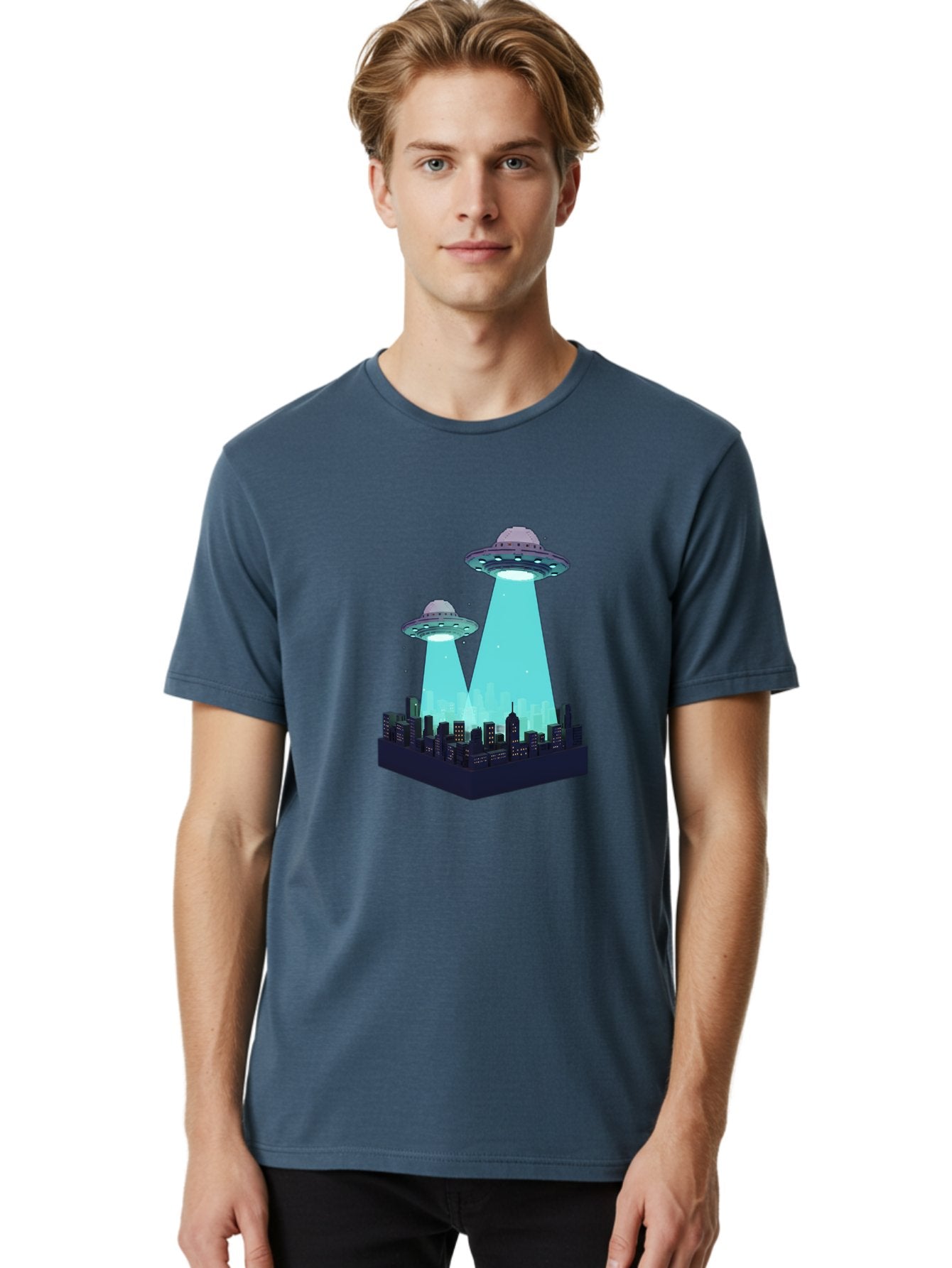 Ufos-Over-City Men'S Graphic Tee, 100% Cotton, Comfortable Casual Summer Wear, Machine Washable, Ufos Over City, Alien Invasion, Science Fiction, Futuristic, Cityscape, Mysterious Lights, Extraterrestrial Activity, Urban Landscape, Bac541 18