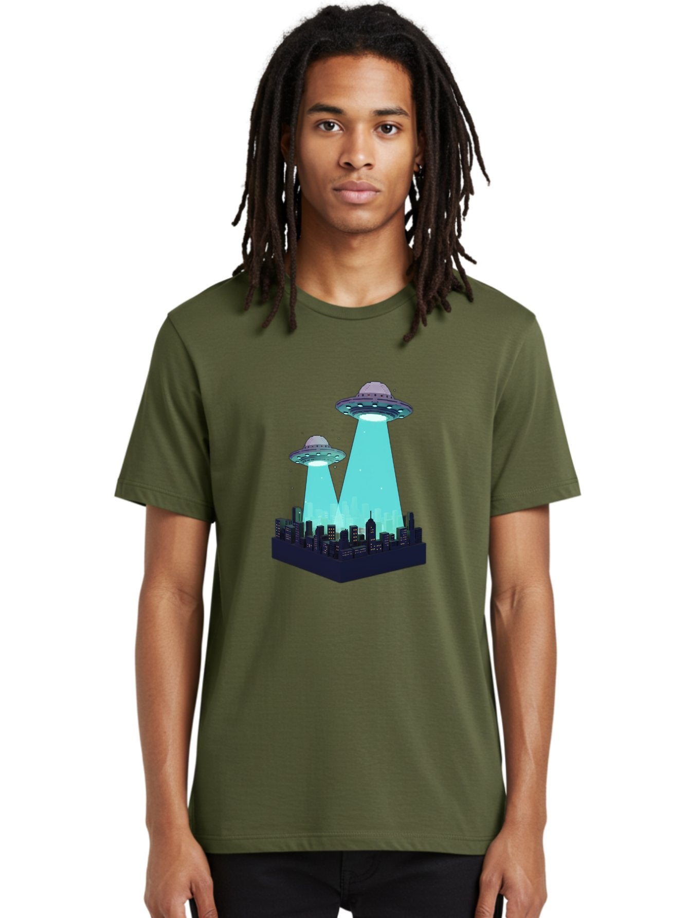 Ufos-Over-City Men'S Graphic Tee, 100% Cotton, Comfortable Casual Summer Wear, Machine Washable, Ufos Over City, Alien Invasion, Science Fiction, Futuristic, Cityscape, Mysterious Lights, Extraterrestrial Activity, Urban Landscape, Bac541 30