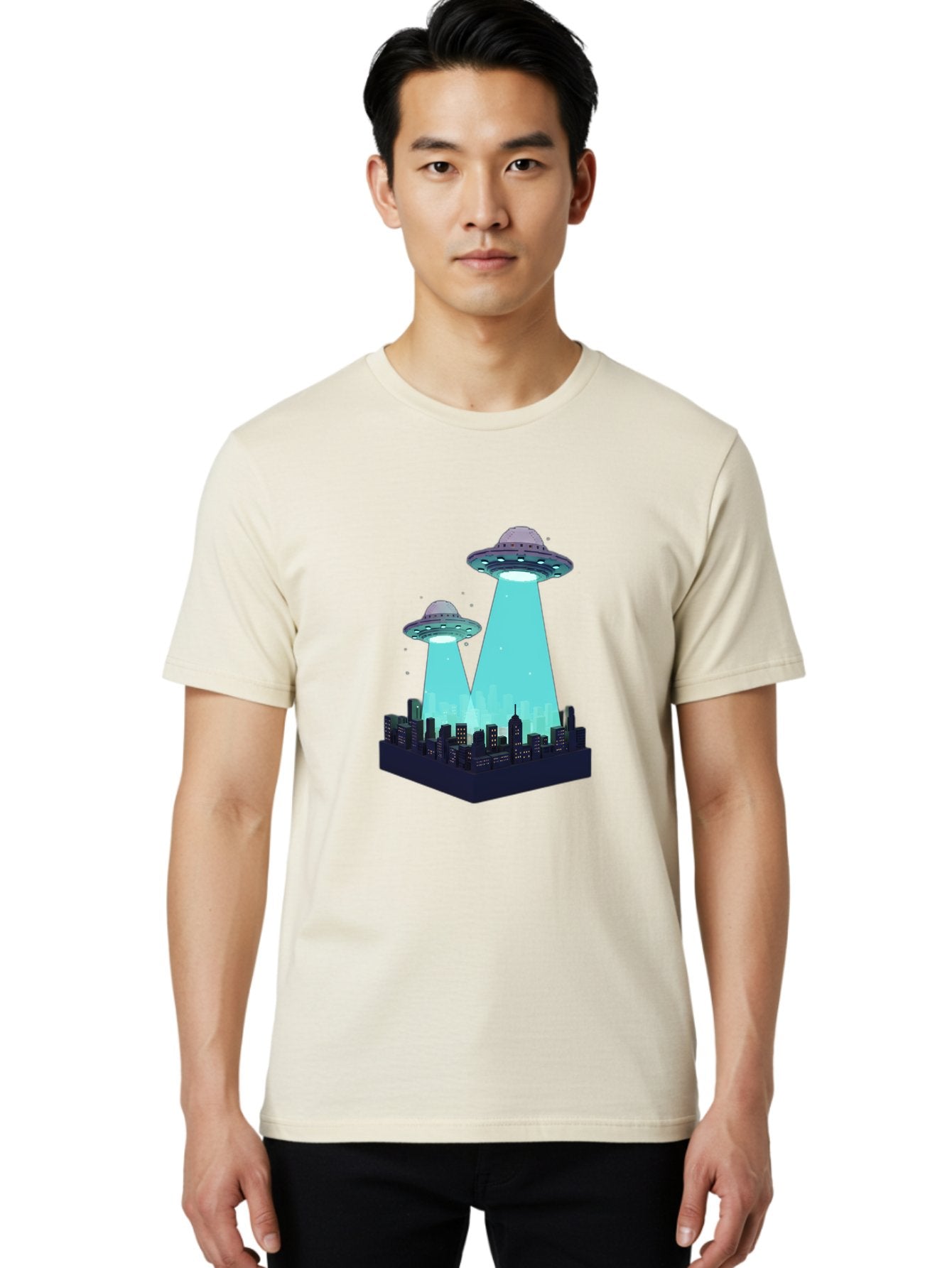 Ufos-Over-City Men'S Graphic Tee, 100% Cotton, Comfortable Casual Summer Wear, Machine Washable, Ufos Over City, Alien Invasion, Science Fiction, Futuristic, Cityscape, Mysterious Lights, Extraterrestrial Activity, Urban Landscape, Bac541 25