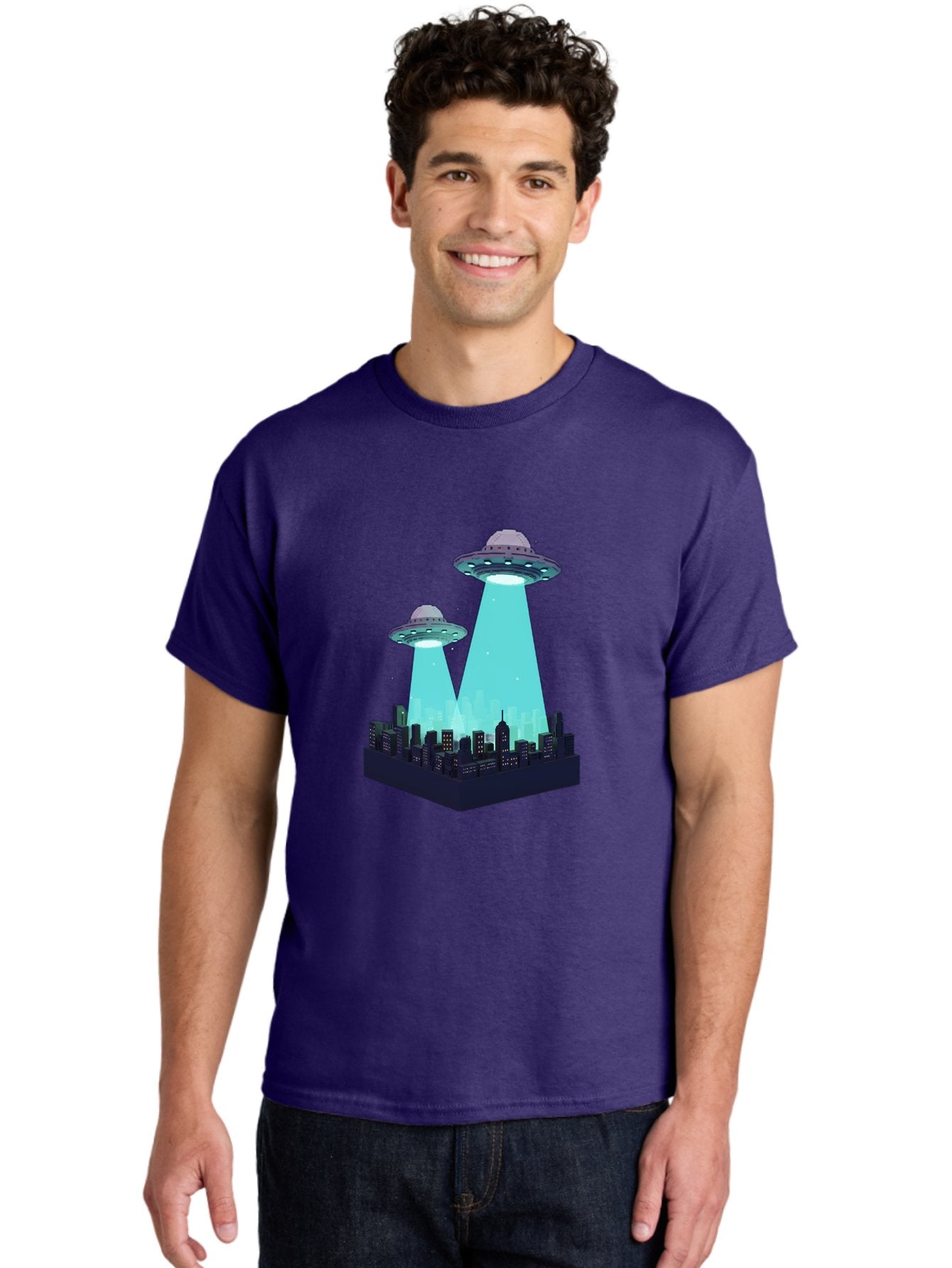 Ufos-Over-City Men'S Graphic Tee, 100% Cotton, Comfortable Casual Summer Wear, Machine Washable, Ufos Over City, Alien Invasion, Science Fiction, Futuristic, Cityscape, Mysterious Lights, Extraterrestrial Activity, Urban Landscape, Bac541 23