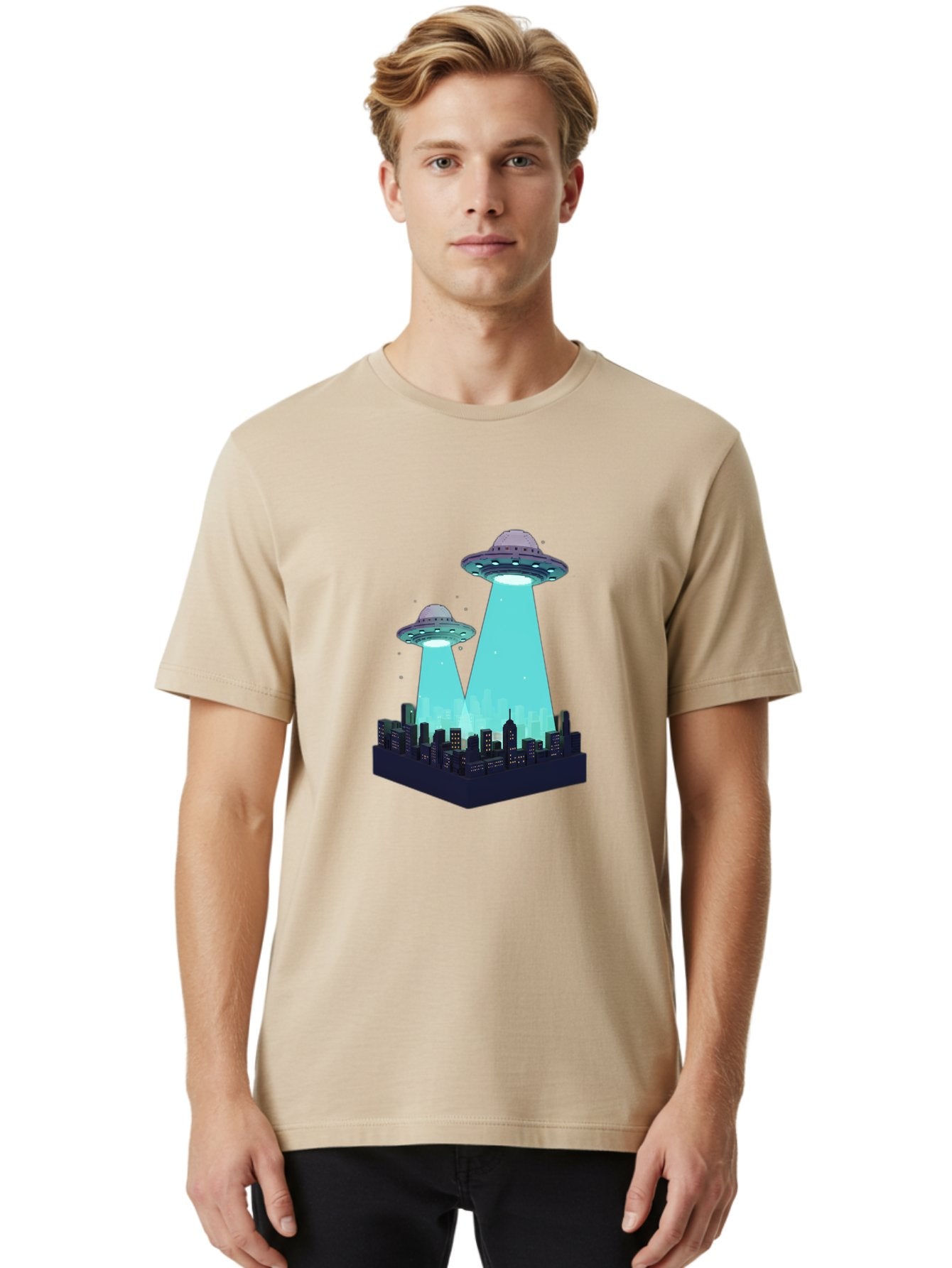 Ufos-Over-City Men'S Graphic Tee, 100% Cotton, Comfortable Casual Summer Wear, Machine Washable, Ufos Over City, Alien Invasion, Science Fiction, Futuristic, Cityscape, Mysterious Lights, Extraterrestrial Activity, Urban Landscape, Bac541 21