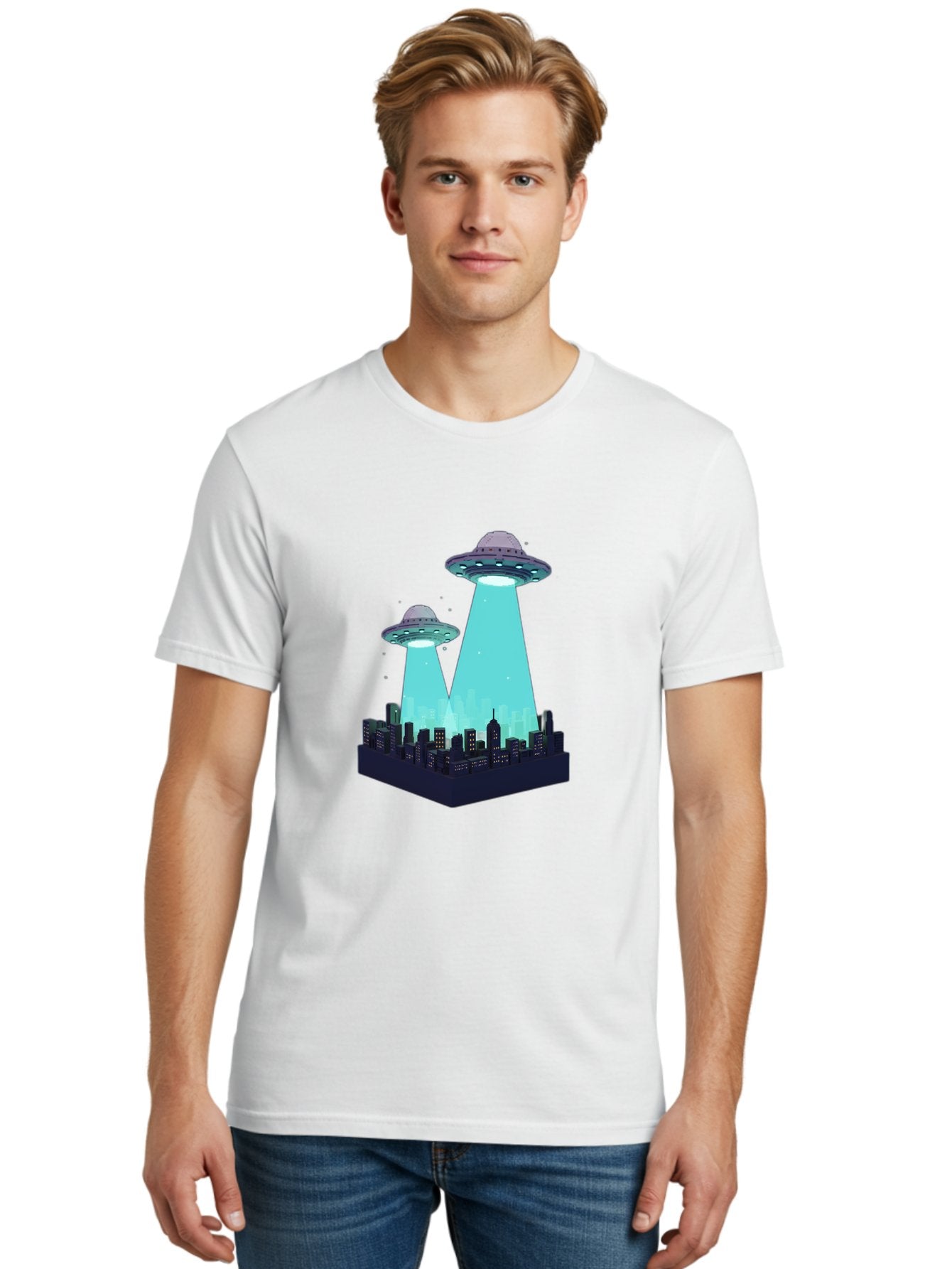 Ufos-Over-City Men'S Graphic Tee, 100% Cotton, Comfortable Casual Summer Wear, Machine Washable, Ufos Over City, Alien Invasion, Science Fiction, Futuristic, Cityscape, Mysterious Lights, Extraterrestrial Activity, Urban Landscape, Bac541 28