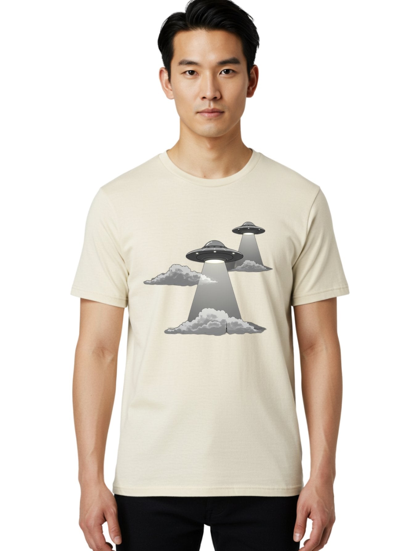 Ufos Men'S Graphic Tee, 100% Cotton, Comfortable Casual Summer Wear, Machine Washable, Ufo Invasion, Alien Spacecraft, Flying Saucers, Mysterious Lights, Cloudy Atmosphere, Science Fiction, Extraterrestrial, Paranormal Activity, Bac542 25
