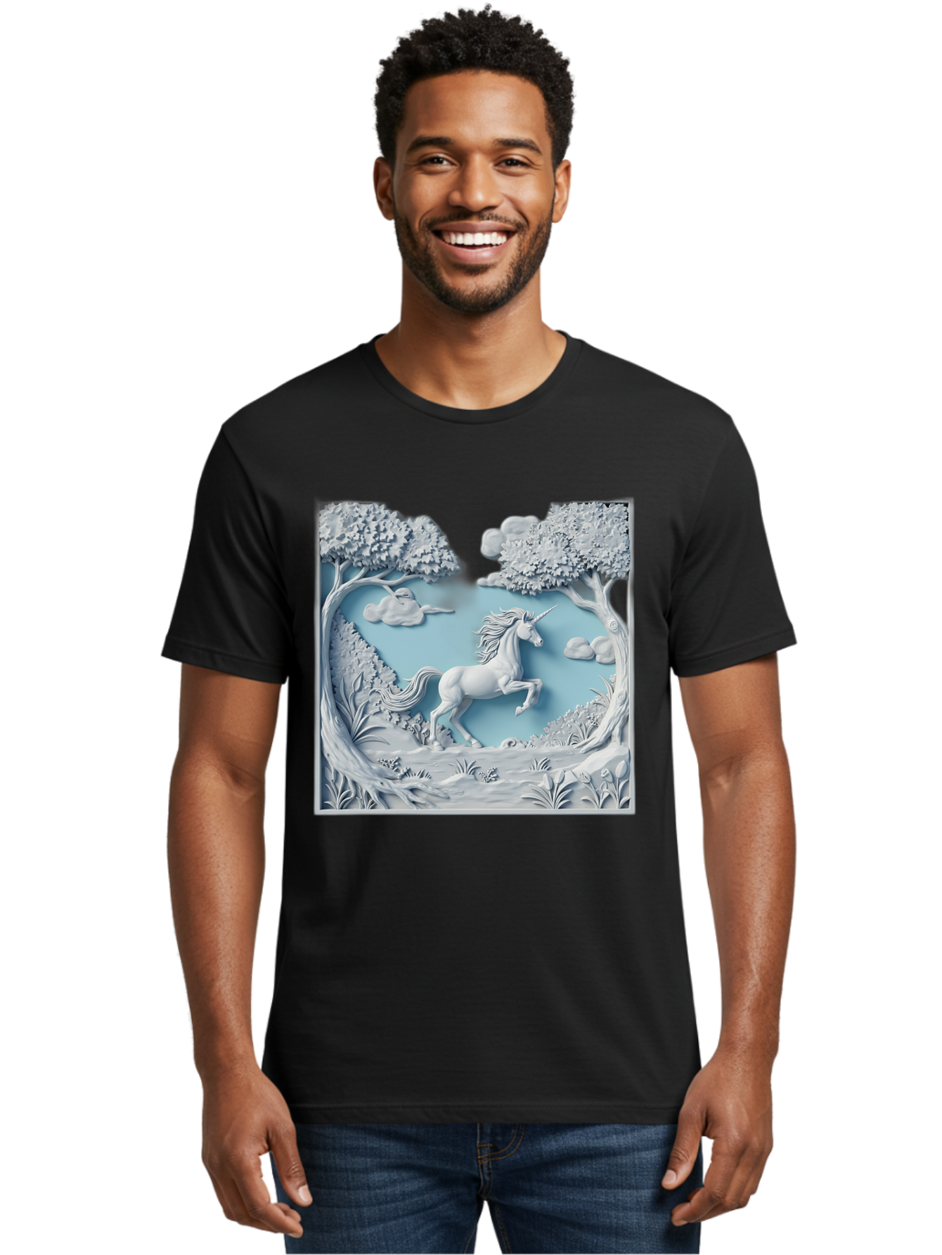 Unicorn Men'S Graphic Tee, 100% Cotton, Comfortable Casual Summer Wear, Machine Washable, Unicorn Running, Mythical Creatures, 3D Art, Fantasy Animals, Magical Realism, White Unicorn, Serene Landscape, Trees, Clouds, Whimsical Scene, Bac543 18