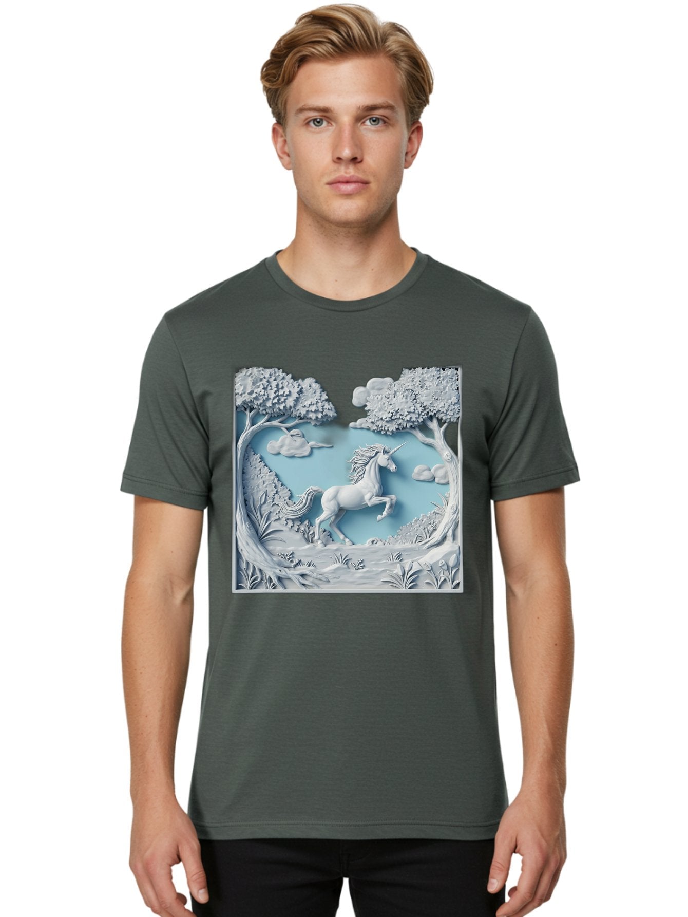 Unicorn Men'S Graphic Tee, 100% Cotton, Comfortable Casual Summer Wear, Machine Washable, Unicorn Running, Mythical Creatures, 3D Art, Fantasy Animals, Magical Realism, White Unicorn, Serene Landscape, Trees, Clouds, Whimsical Scene, Bac543 27