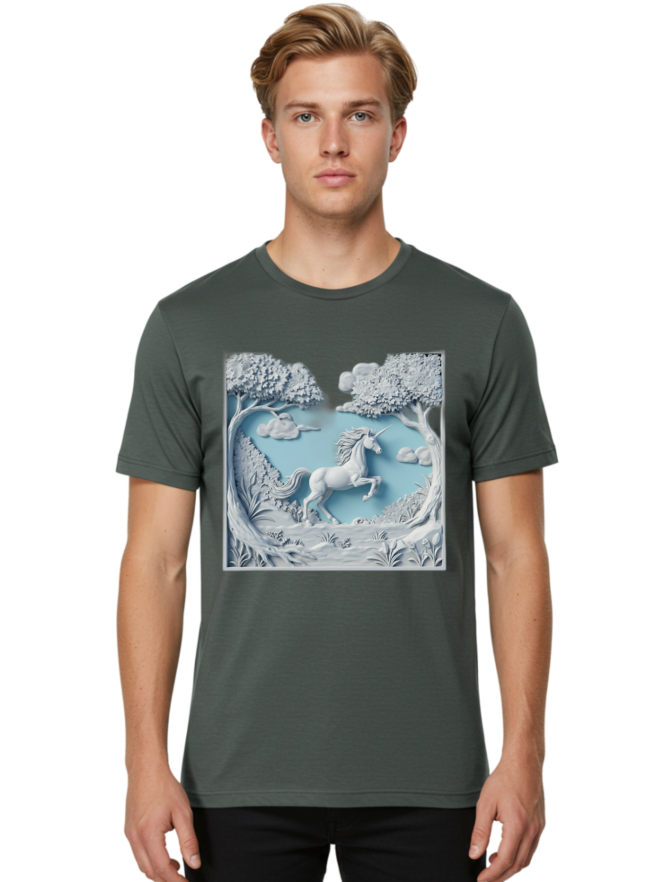 Unicorn Men'S Graphic Tee, 100% Cotton, Comfortable Casual Summer Wear, Machine Washable, Unicorn Running, Mythical Creatures, 3D Art, Fantasy Animals, Magical Realism, White Unicorn, Serene Landscape, Trees, Clouds, Whimsical Scene, Bac543 19