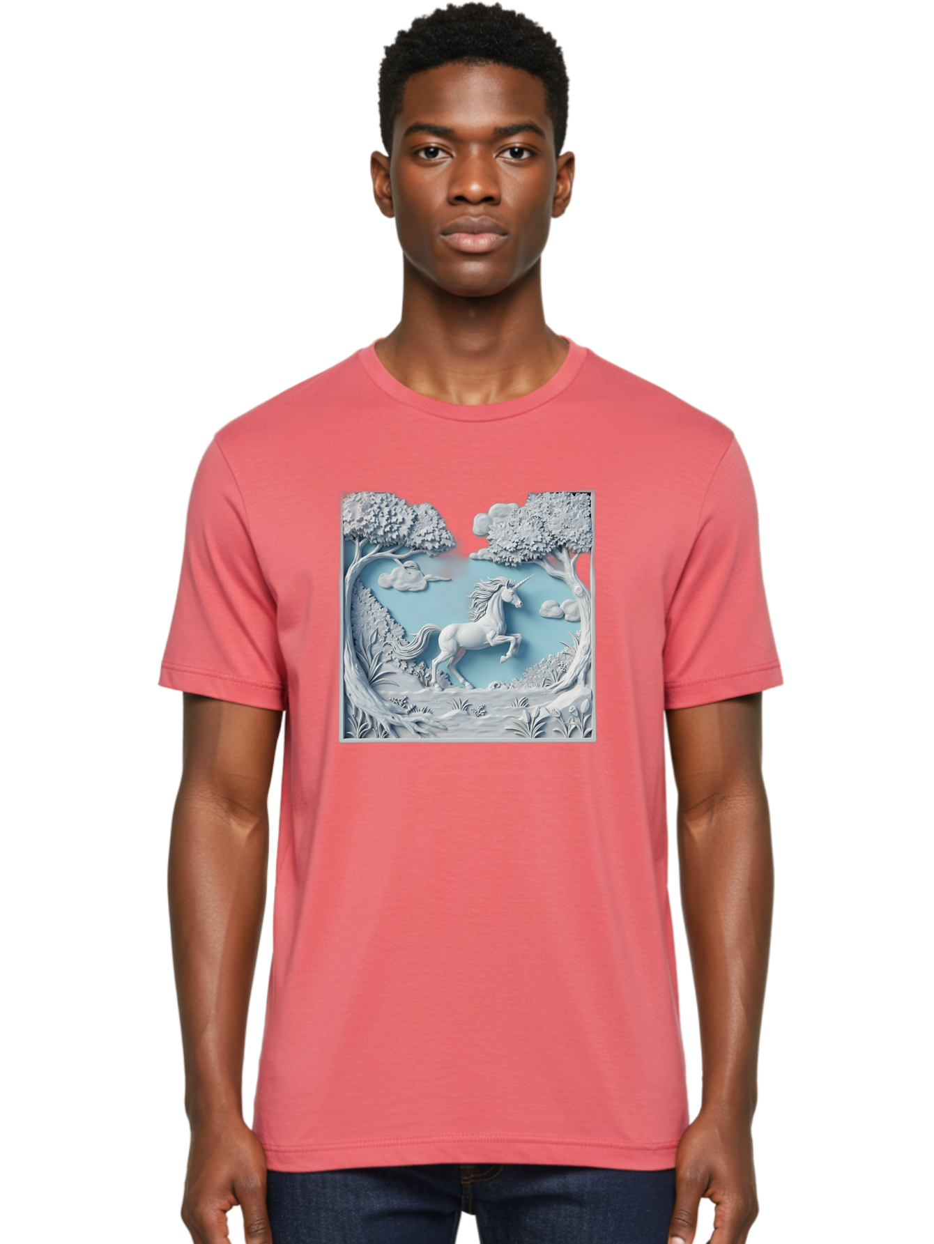Unicorn Men'S Graphic Tee, 100% Cotton, Comfortable Casual Summer Wear, Machine Washable, Unicorn Running, Mythical Creatures, 3D Art, Fantasy Animals, Magical Realism, White Unicorn, Serene Landscape, Trees, Clouds, Whimsical Scene, Bac543 27