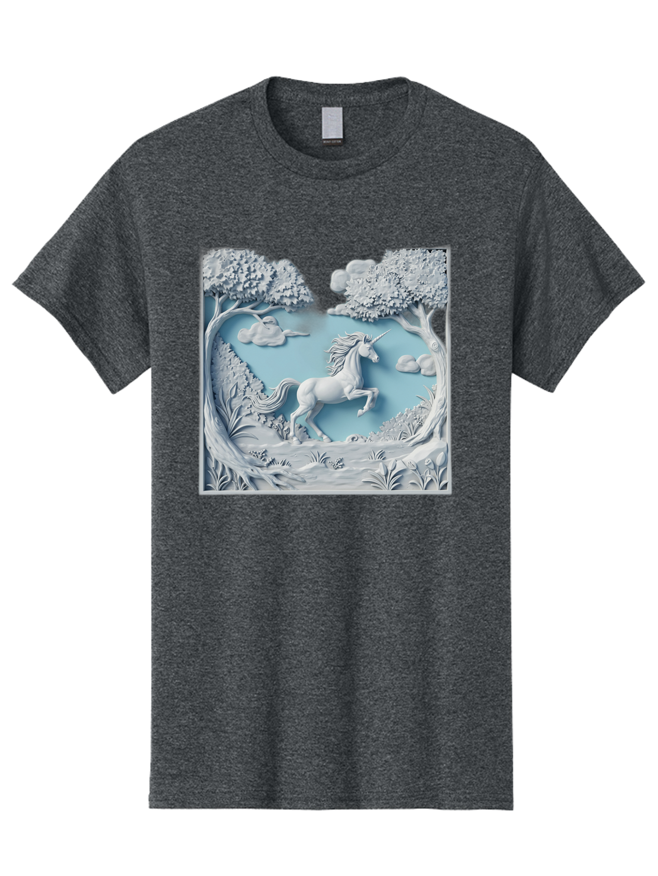 Unicorn Men'S Graphic Tee, 100% Cotton, Comfortable Casual Summer Wear, Machine Washable, Unicorn Running, Mythical Creatures, 3D Art, Fantasy Animals, Magical Realism, White Unicorn, Serene Landscape, Trees, Clouds, Whimsical Scene, Bac543