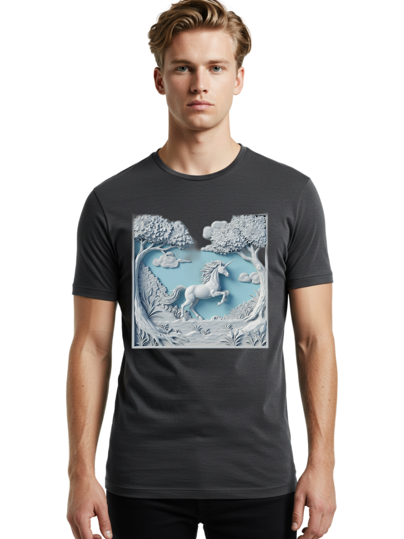 Unicorn Men'S Graphic Tee, 100% Cotton, Comfortable Casual Summer Wear, Machine Washable, Unicorn Running, Mythical Creatures, 3D Art, Fantasy Animals, Magical Realism, White Unicorn, Serene Landscape, Trees, Clouds, Whimsical Scene, Bac543 17