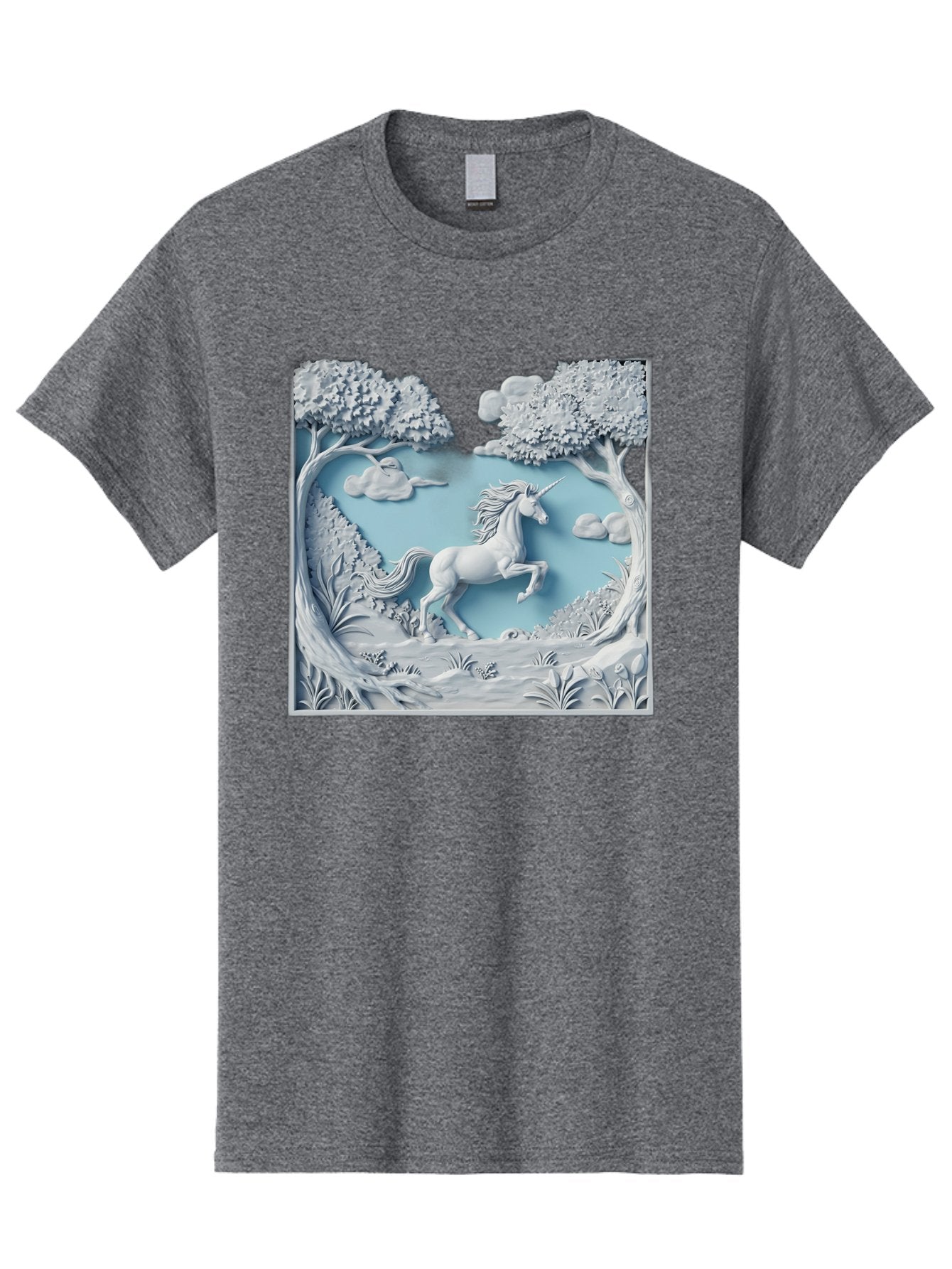 Unicorn Men'S Graphic Tee, 100% Cotton, Comfortable Casual Summer Wear, Machine Washable, Unicorn Running, Mythical Creatures, 3D Art, Fantasy Animals, Magical Realism, White Unicorn, Serene Landscape, Trees, Clouds, Whimsical Scene, Bac543 3