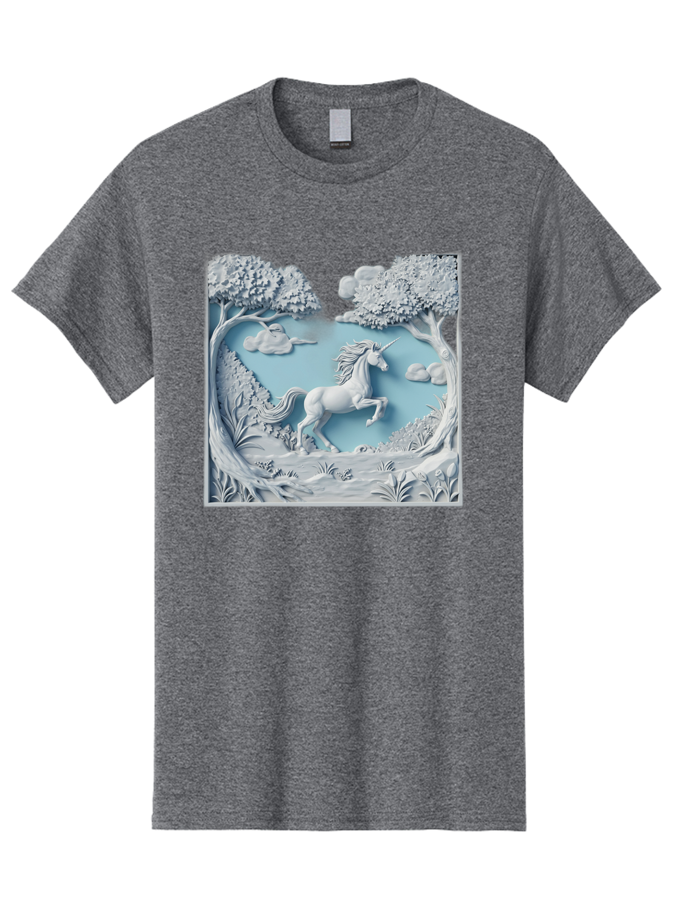 Unicorn Men'S Graphic Tee, 100% Cotton, Comfortable Casual Summer Wear, Machine Washable, Unicorn Running, Mythical Creatures, 3D Art, Fantasy Animals, Magical Realism, White Unicorn, Serene Landscape, Trees, Clouds, Whimsical Scene, Bac543 9