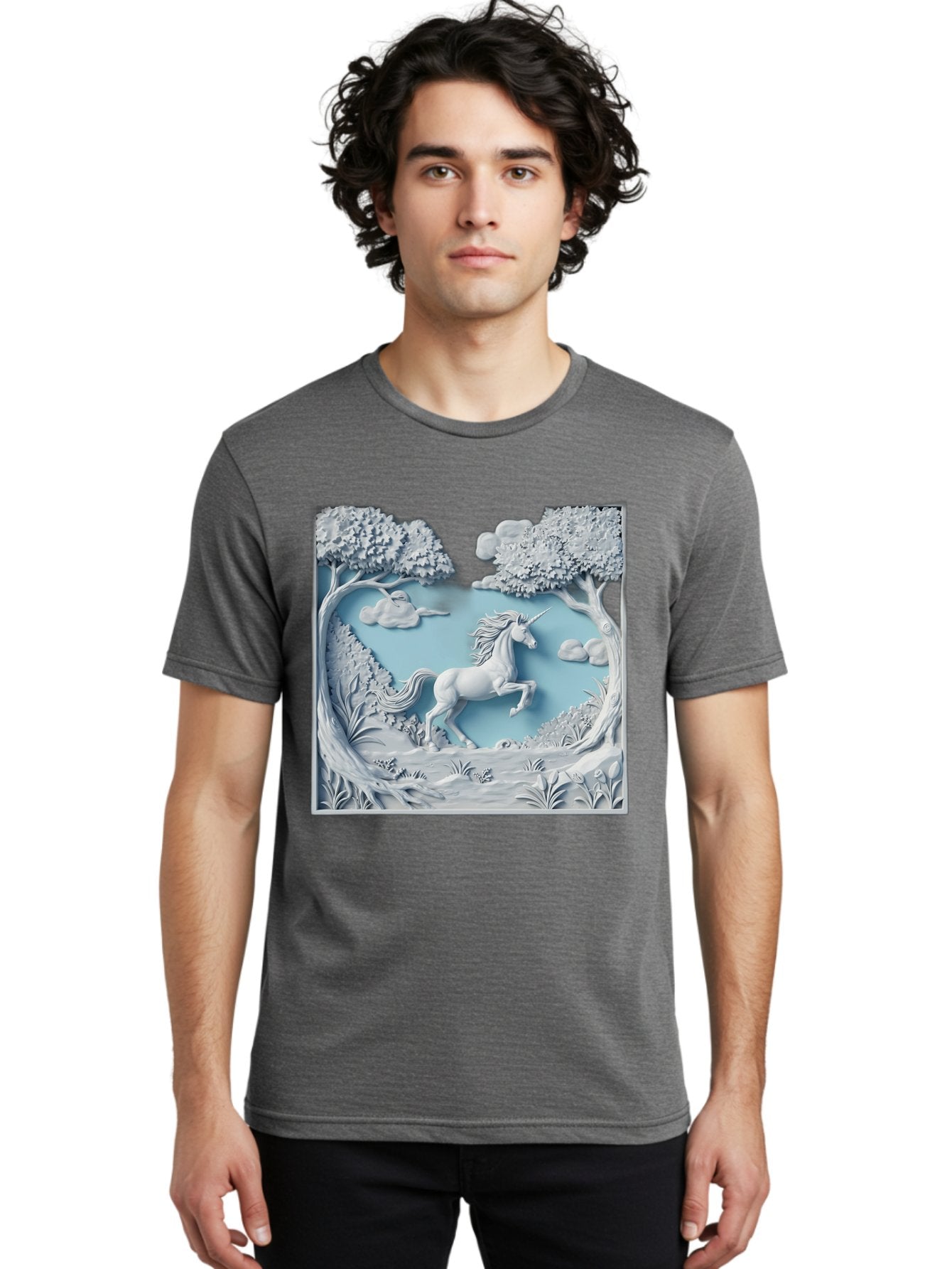 Unicorn Men'S Graphic Tee, 100% Cotton, Comfortable Casual Summer Wear, Machine Washable, Unicorn Running, Mythical Creatures, 3D Art, Fantasy Animals, Magical Realism, White Unicorn, Serene Landscape, Trees, Clouds, Whimsical Scene, Bac543 22