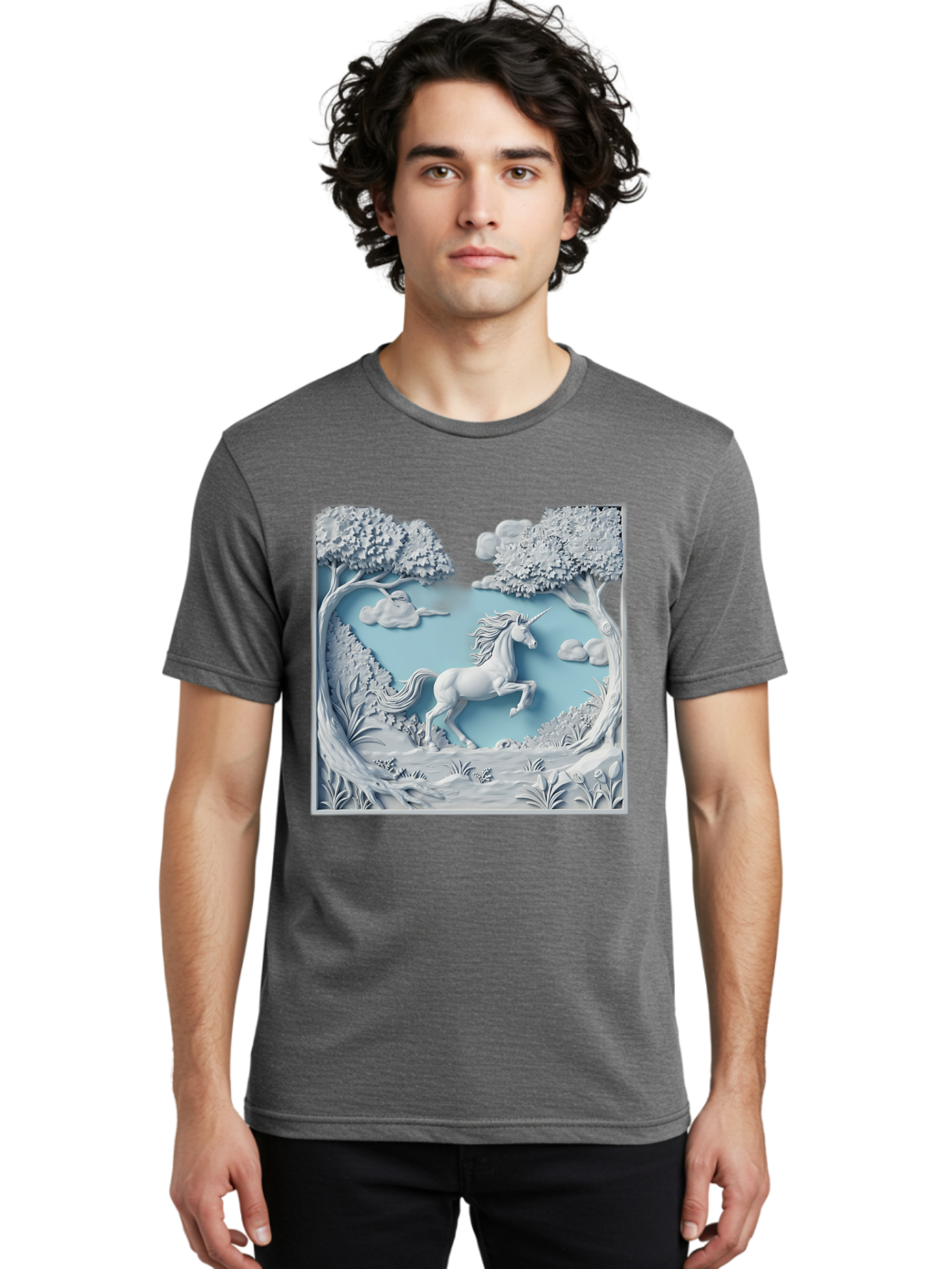 Unicorn Men'S Graphic Tee, 100% Cotton, Comfortable Casual Summer Wear, Machine Washable, Unicorn Running, Mythical Creatures, 3D Art, Fantasy Animals, Magical Realism, White Unicorn, Serene Landscape, Trees, Clouds, Whimsical Scene, Bac543 24