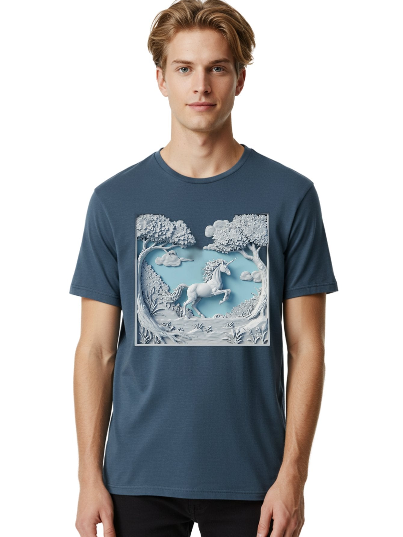 Unicorn Men'S Graphic Tee, 100% Cotton, Comfortable Casual Summer Wear, Machine Washable, Unicorn Running, Mythical Creatures, 3D Art, Fantasy Animals, Magical Realism, White Unicorn, Serene Landscape, Trees, Clouds, Whimsical Scene, Bac543 24