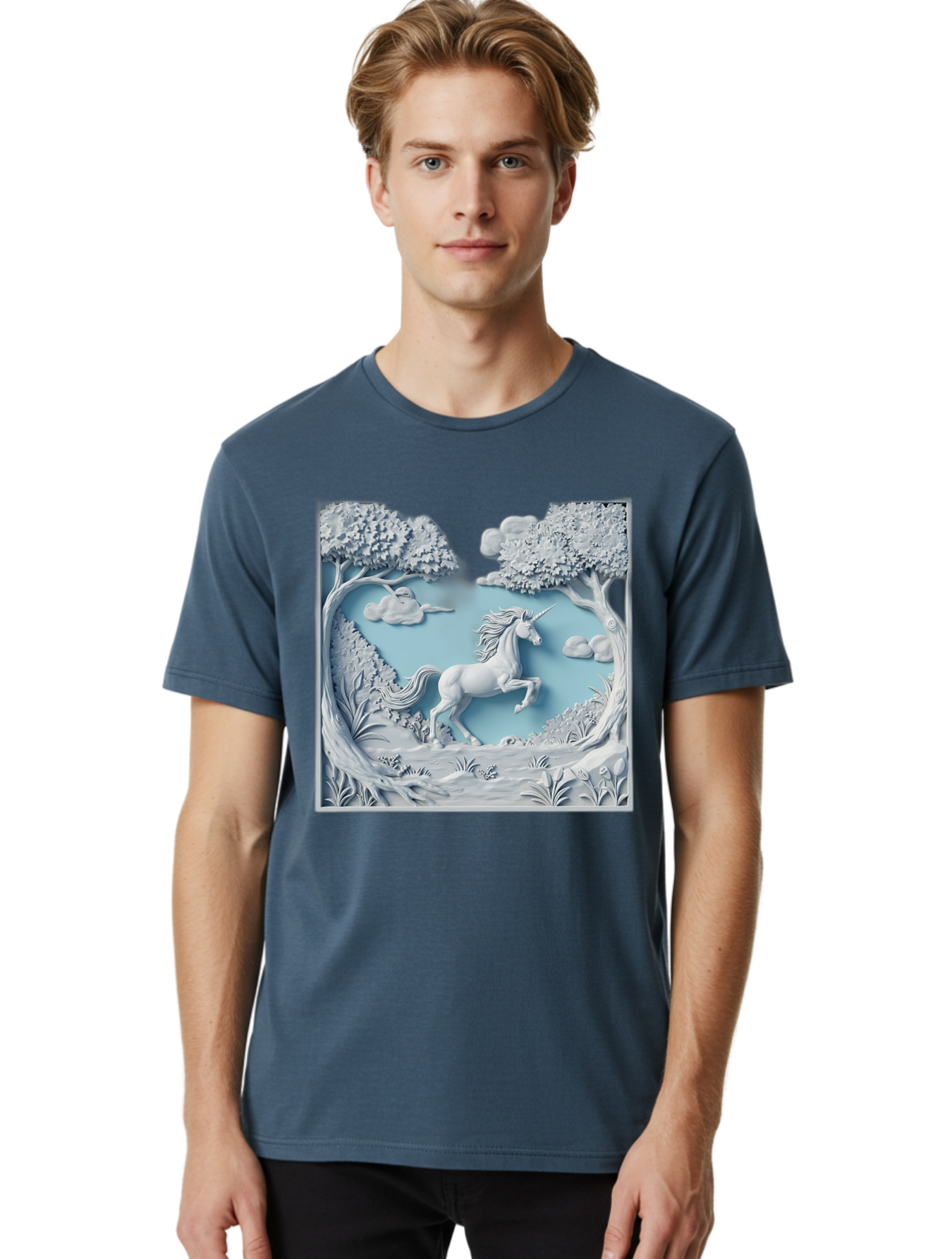 Unicorn Men'S Graphic Tee, 100% Cotton, Comfortable Casual Summer Wear, Machine Washable, Unicorn Running, Mythical Creatures, 3D Art, Fantasy Animals, Magical Realism, White Unicorn, Serene Landscape, Trees, Clouds, Whimsical Scene, Bac543 22